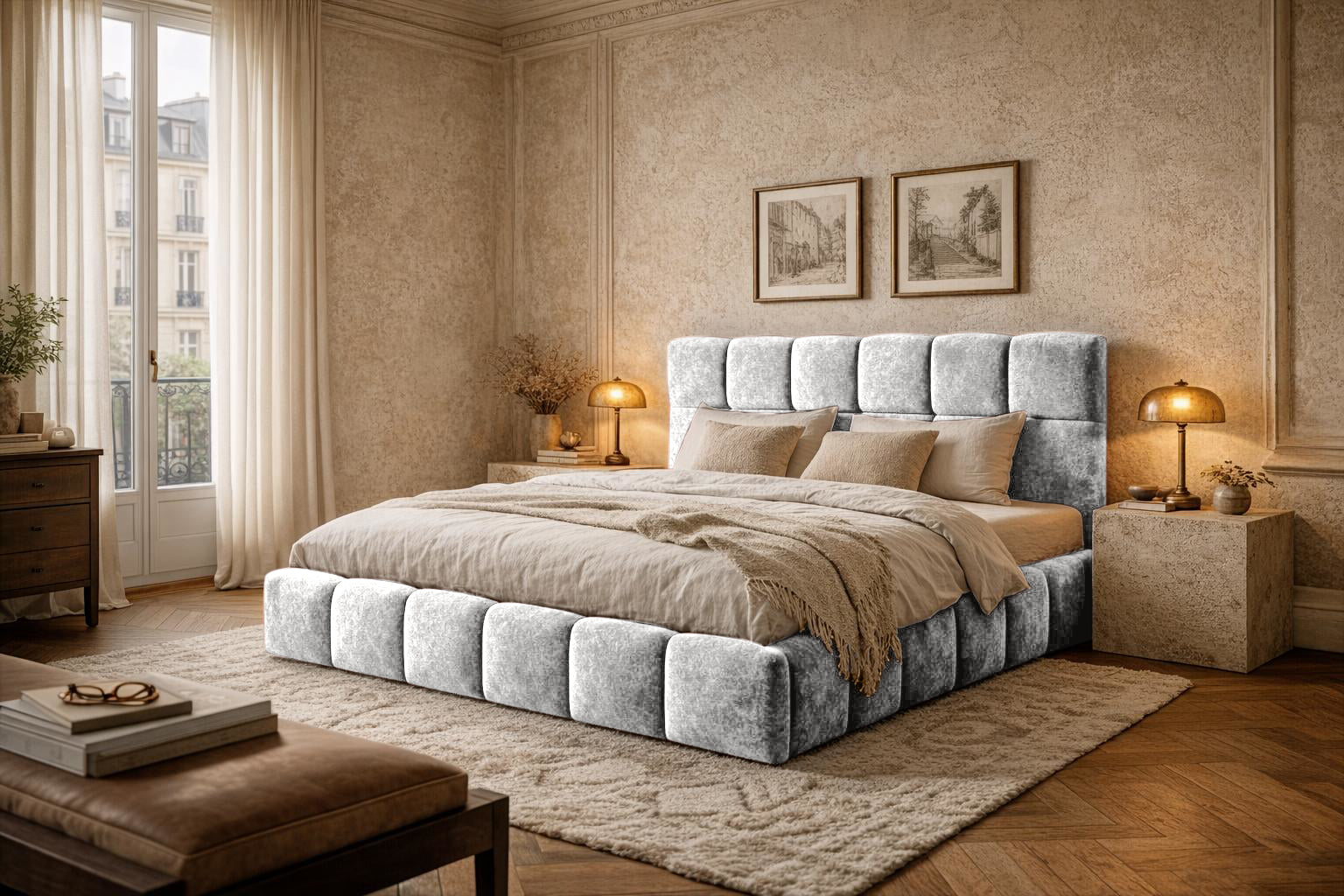 Lit Ravignan en tissu peluche poil court gris Paname Avenue dans un décor inspire au quartier parisien