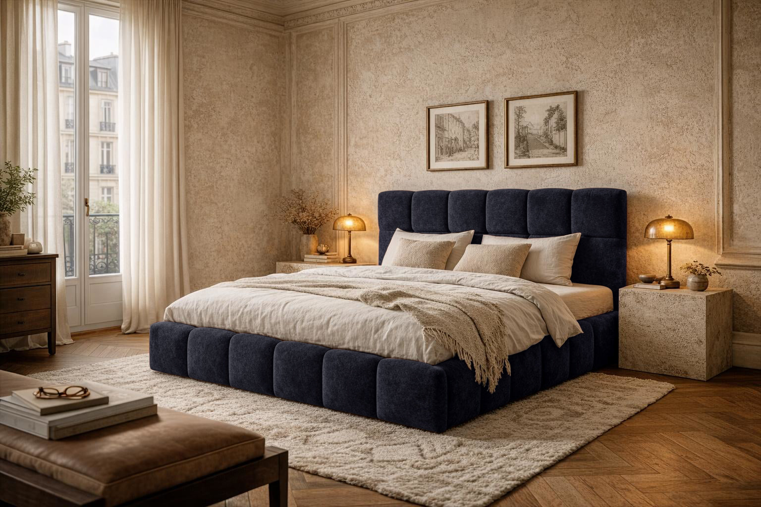 Lit Ravignan en tissu peluche poil court bleu Paname Avenue dans un décor inspire au quartier parisien