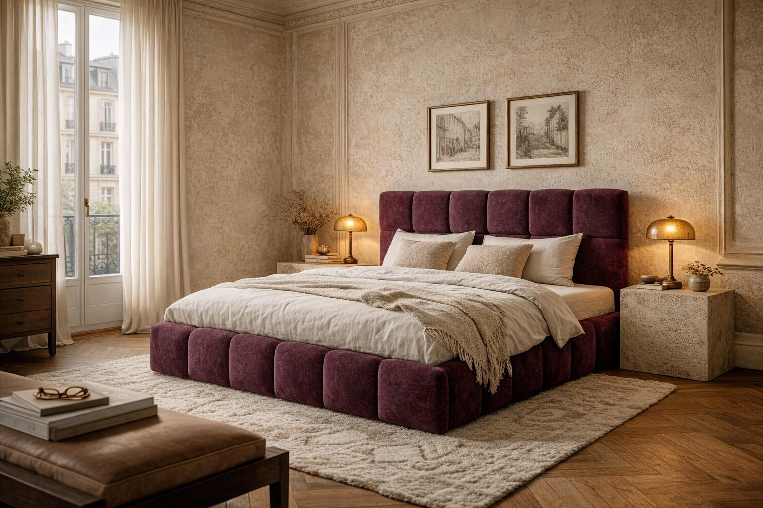 Lit Ravignan en tissu peluche poil court bordeaux Paname Avenue dans un décor inspire au quartier parisien