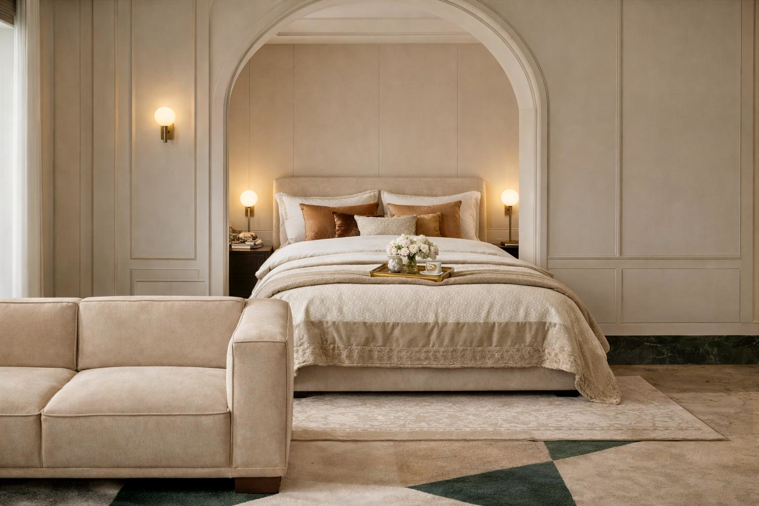 Canapé droit Poulbot et lit Rosiers dans un intérieur dans le pur style Art Déco parisien