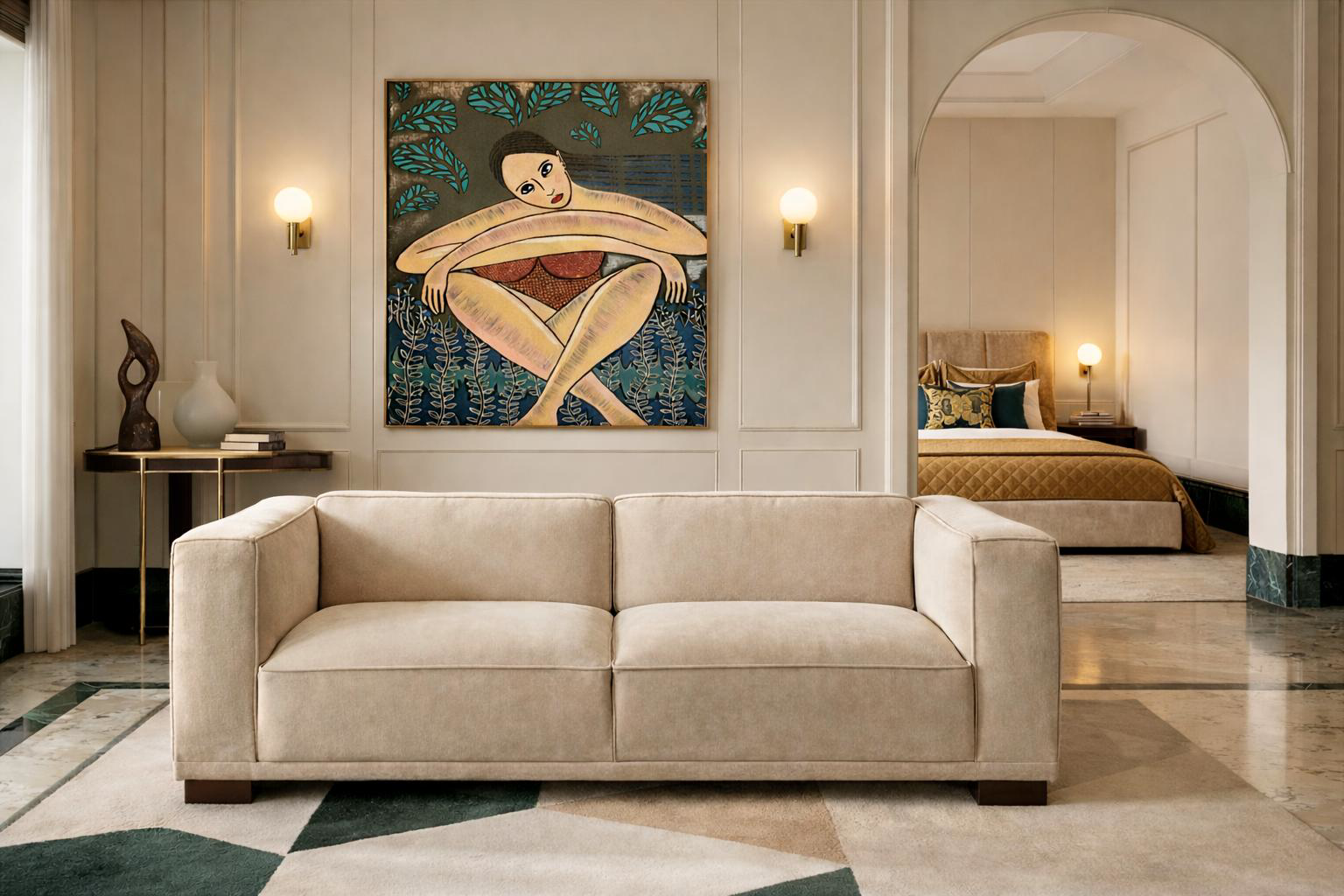 Canapé droit Poulbot et lit Rosiers dans un intérieur dans le pur style Art Déco parisien