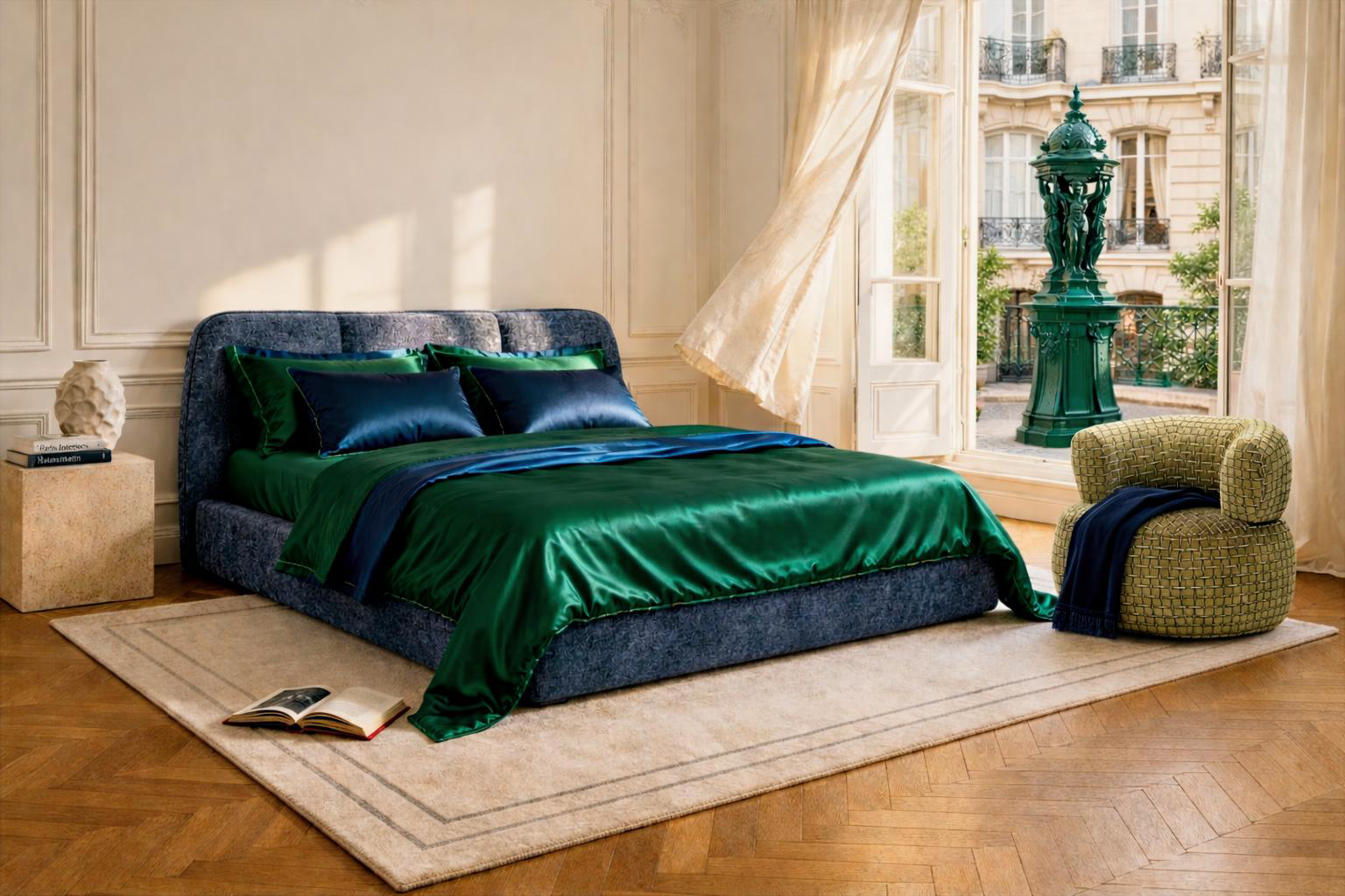 Lit Rosiers bleu Paname Avenue avec linge en soie émeraude et bleu nuit, chambre haussmannienne parisienne et fauteuil Montorgueil vert olive Paname Avenue.