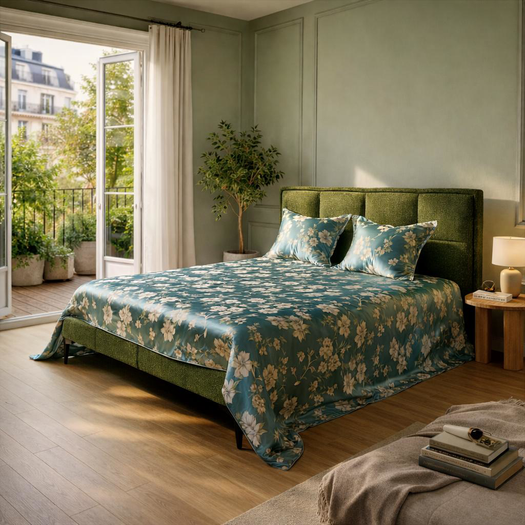 Lit Valmy Paname Avenue dans un décor végétal avec parure de lit à motifs floraux et terrasse.