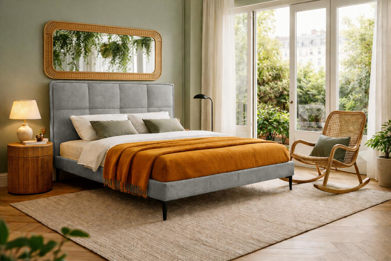 Lit Valmy en tissu bouclette gris Paname Avenue dans un décor inspire au quartier parisien