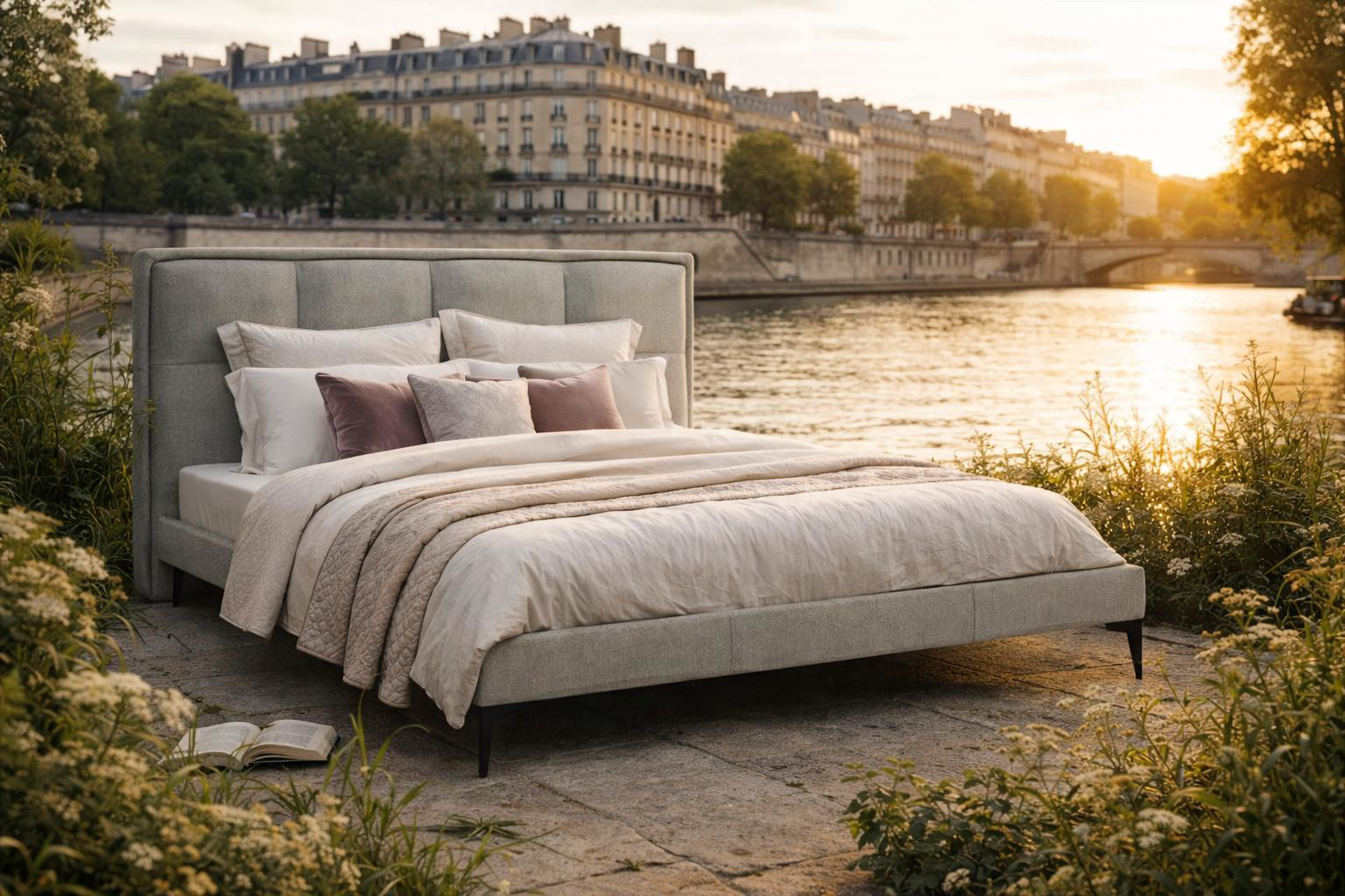 Lit Valmy en tissu bouclette installé sur les quais de Paris avec mise en scène d’aménagement extérieur