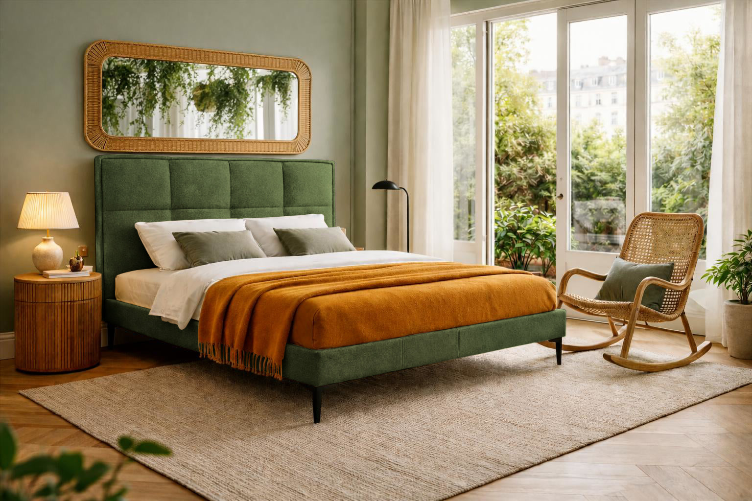 Lit Valmy en tissu bouclette vert olive Paname Avenue dans un décor inspire de Paris