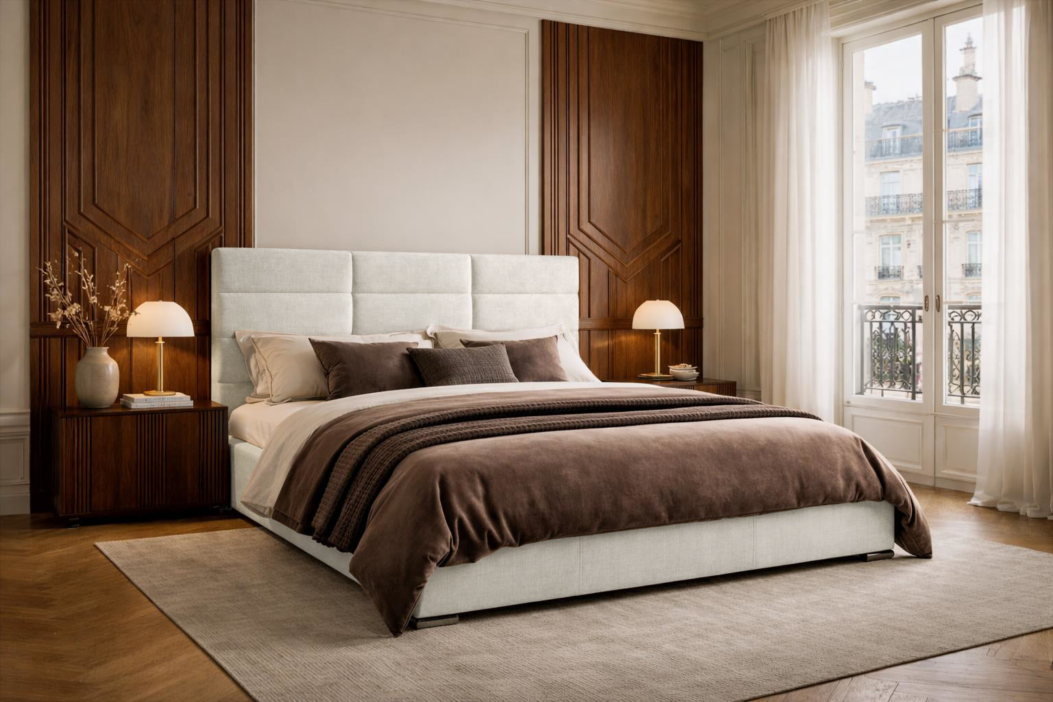 Lit Victor Massé en tissu chenille beige Paname Avenue dans un décor inspire au quartier parisien