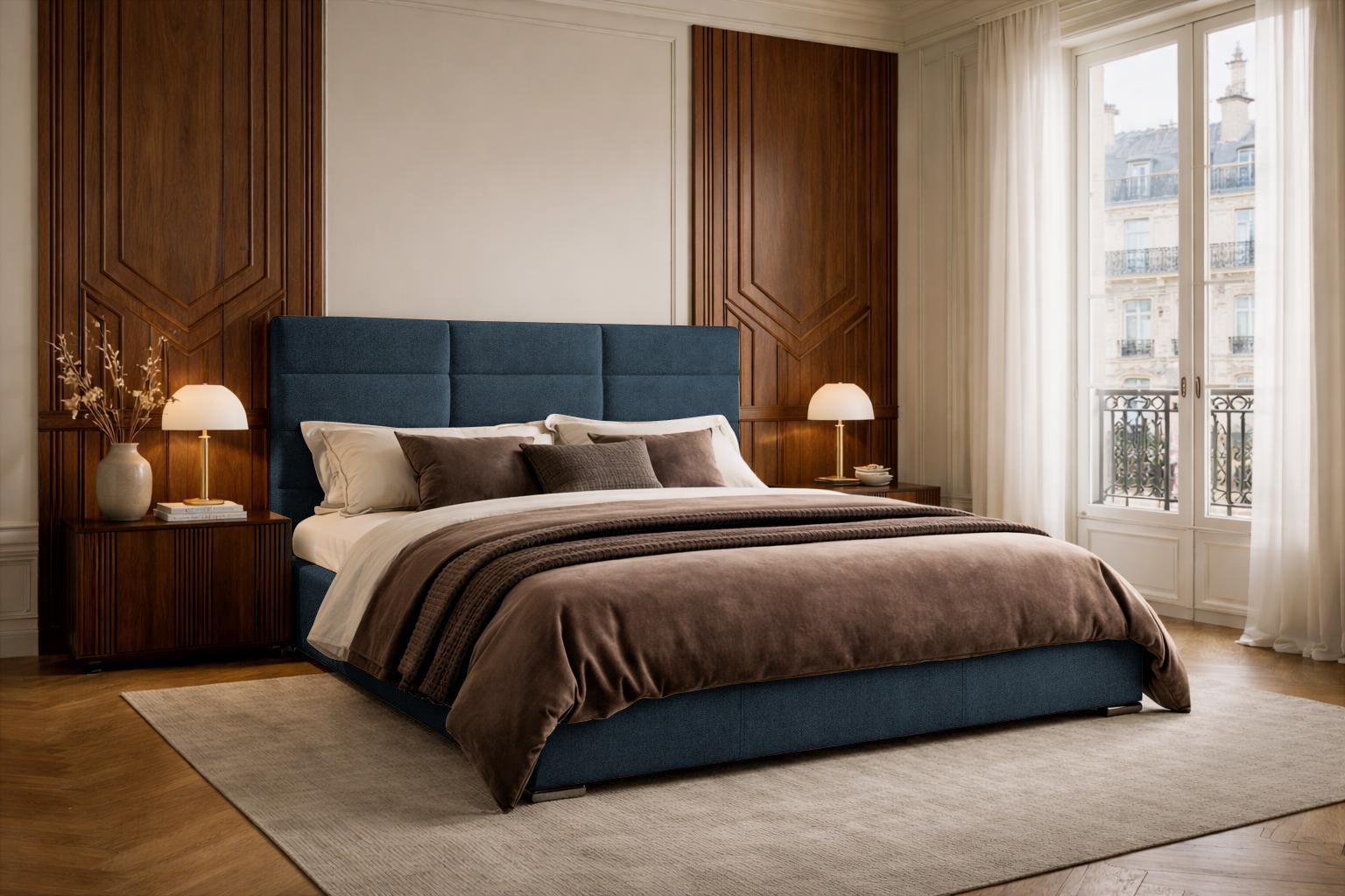 Lit Victor Massé en tissu chenille bleu Paname Avenue dans un décor inspire au quartier parisien