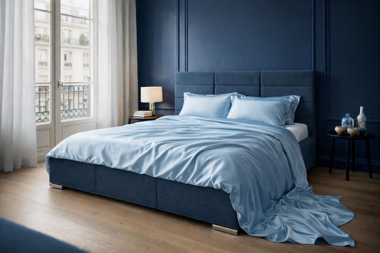 Lit Victor Massé de la collection Pigalle par Paname Avenue, mis en scène dans une chambre parisienne aux murs bleu nuit et parure satin bleu horizon.