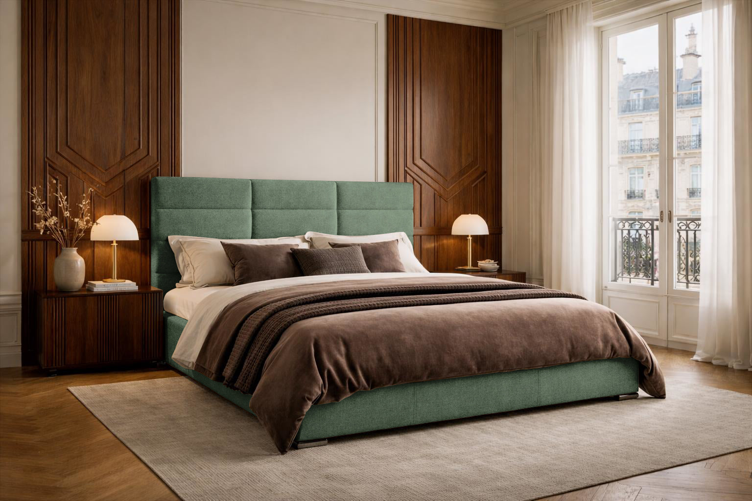 Lit Victor Massé en tissu chenille vert Paname Avenue dans un décor inspire au quartier parisien