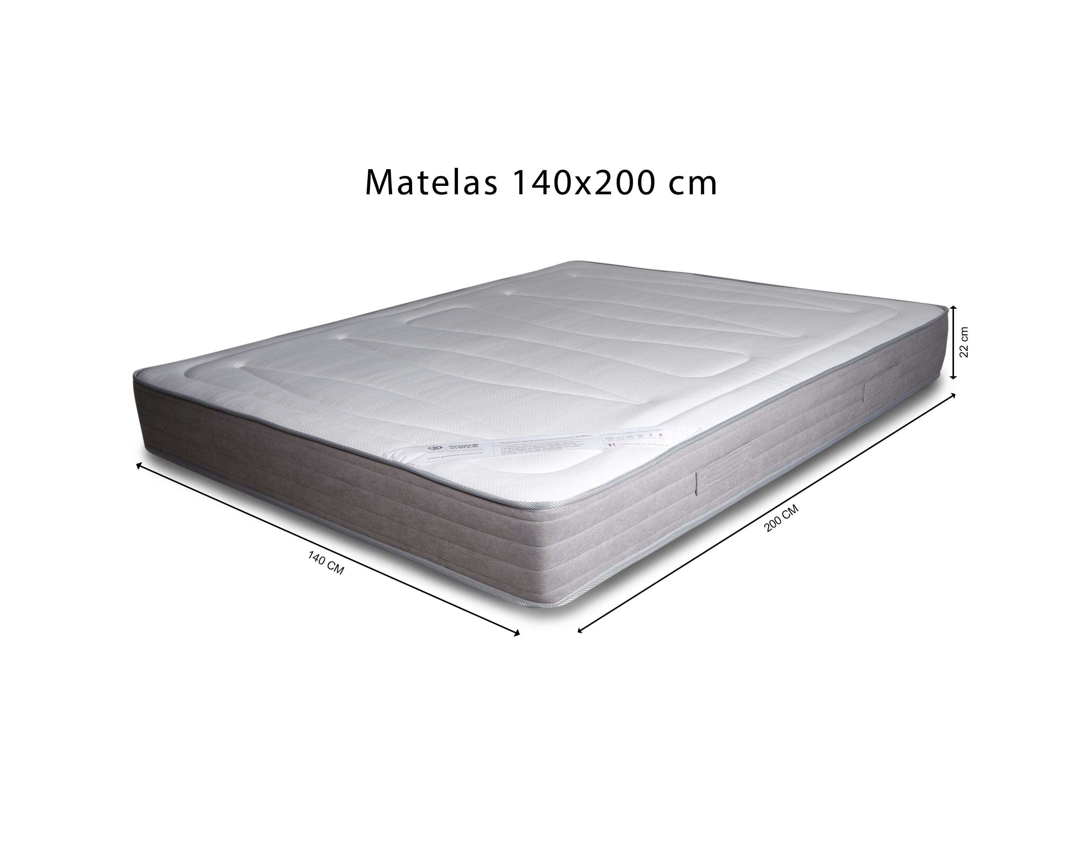 Matelas Rollin en mousse premium densité 35 kg/m³ 140x200 cm confort moelleux sur fond blanc avec dimension de chez Paname Avenue