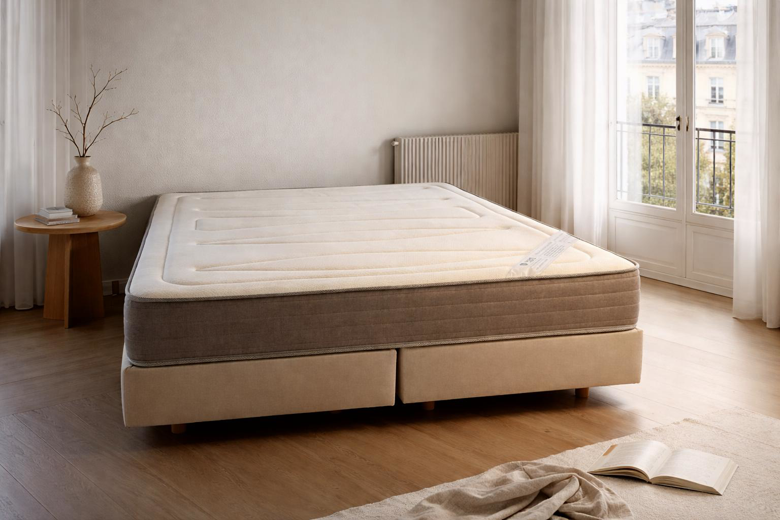 Matelas mousse premium Rollin de la collection Contrescarpe de Paname Avenue dans un décor de chambre parisienne simple et efficace.