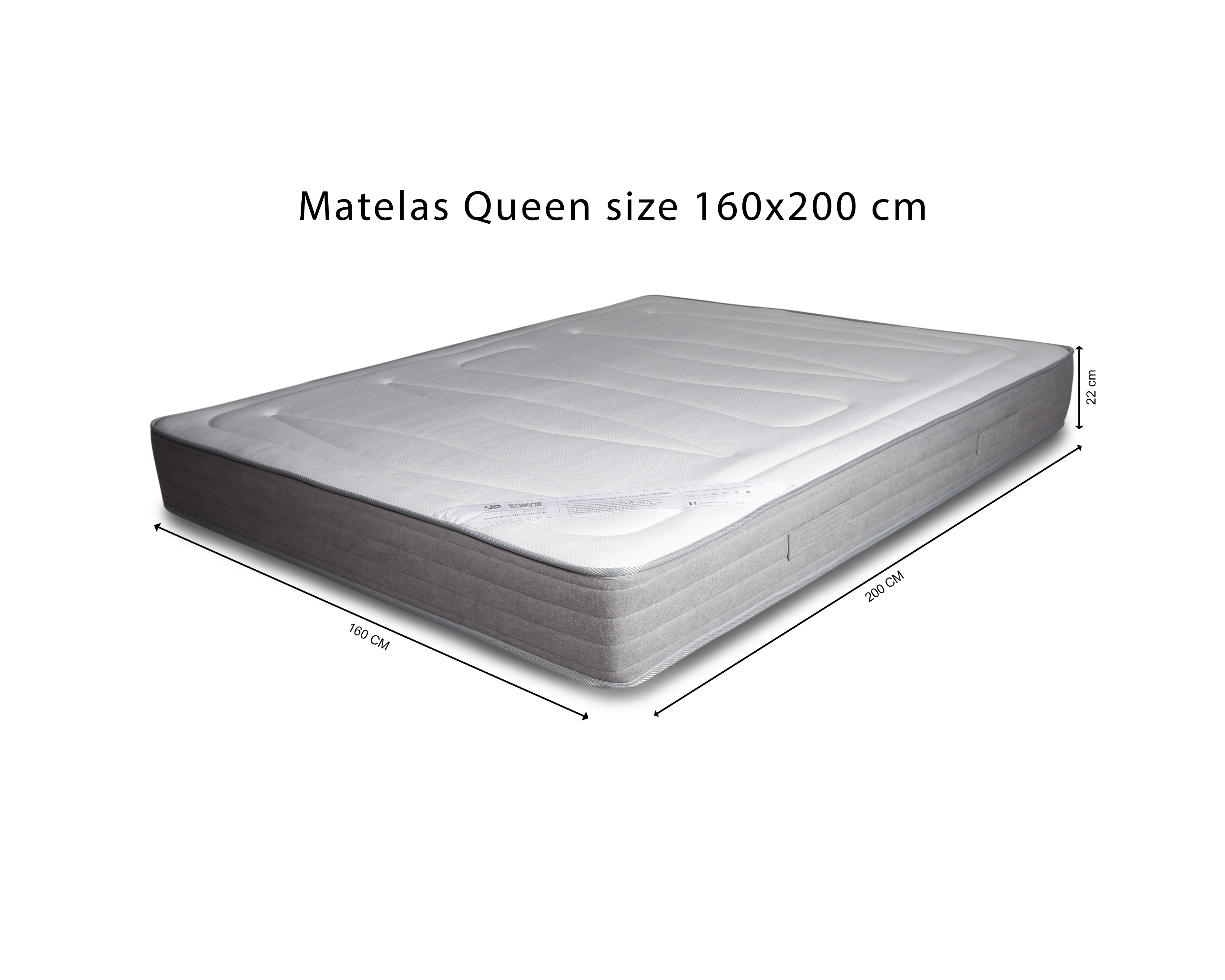 Matelas Rollin en mousse premium densité 35 kg/m³ 160x200 cm confort moelleux sur fond blanc avec dimension de chez Paname Avenue