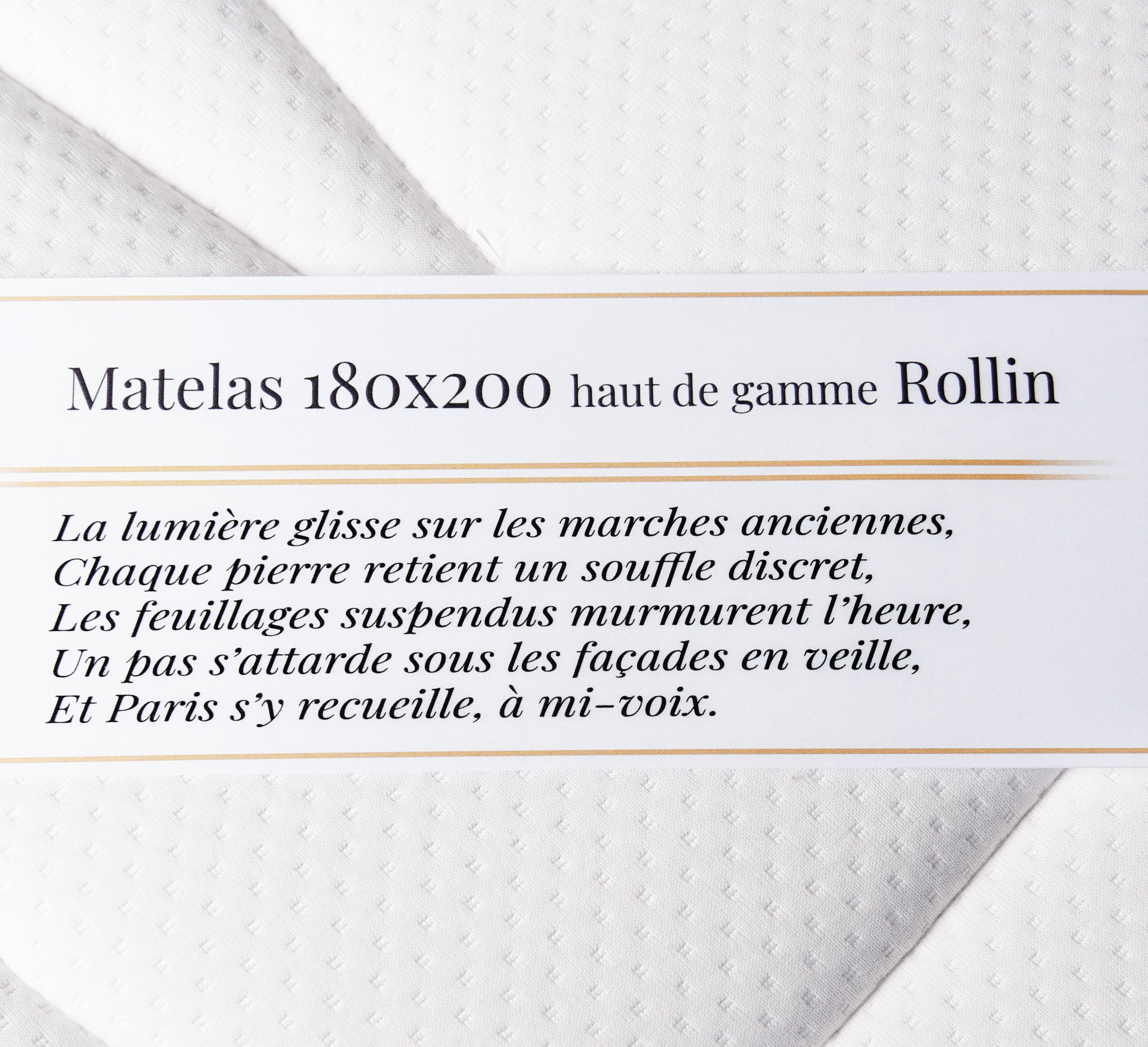 Étiquette du matelas 180x200cm Rollin mousse premium 35kg/m3 avec poème Paname Avenue sur fond blanc
