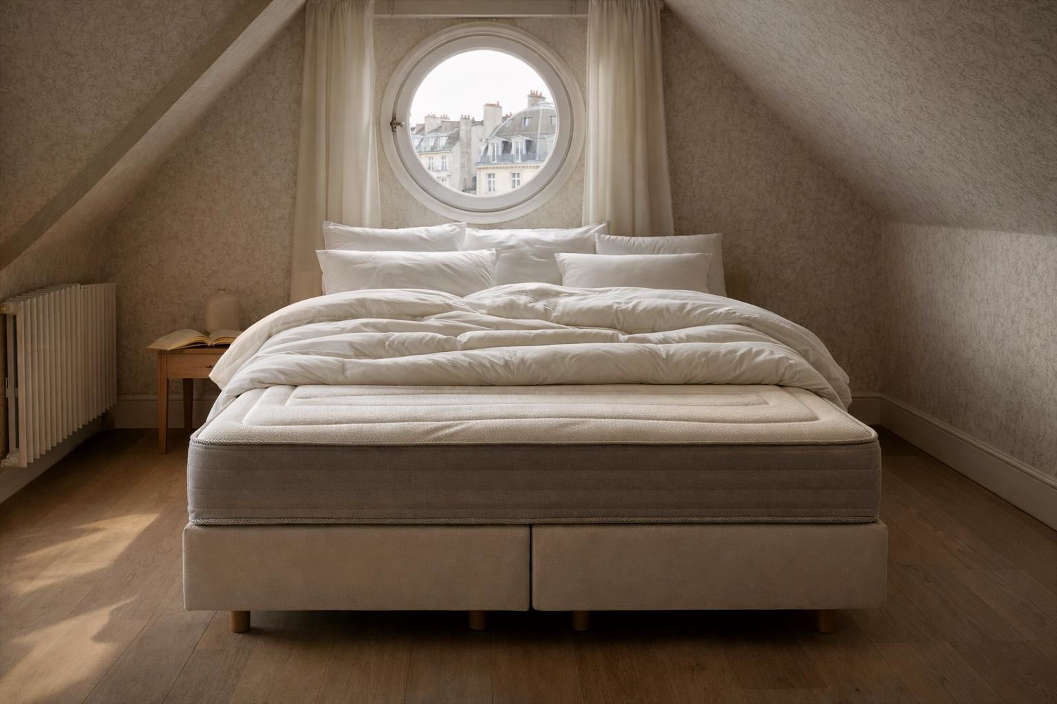 Matelas mousse premium Rollin de la collection Contrescarpe de Paname Avenue dans un décor de chambre parisienne mansardée avec fenêtre hublot donnant sur Paris.