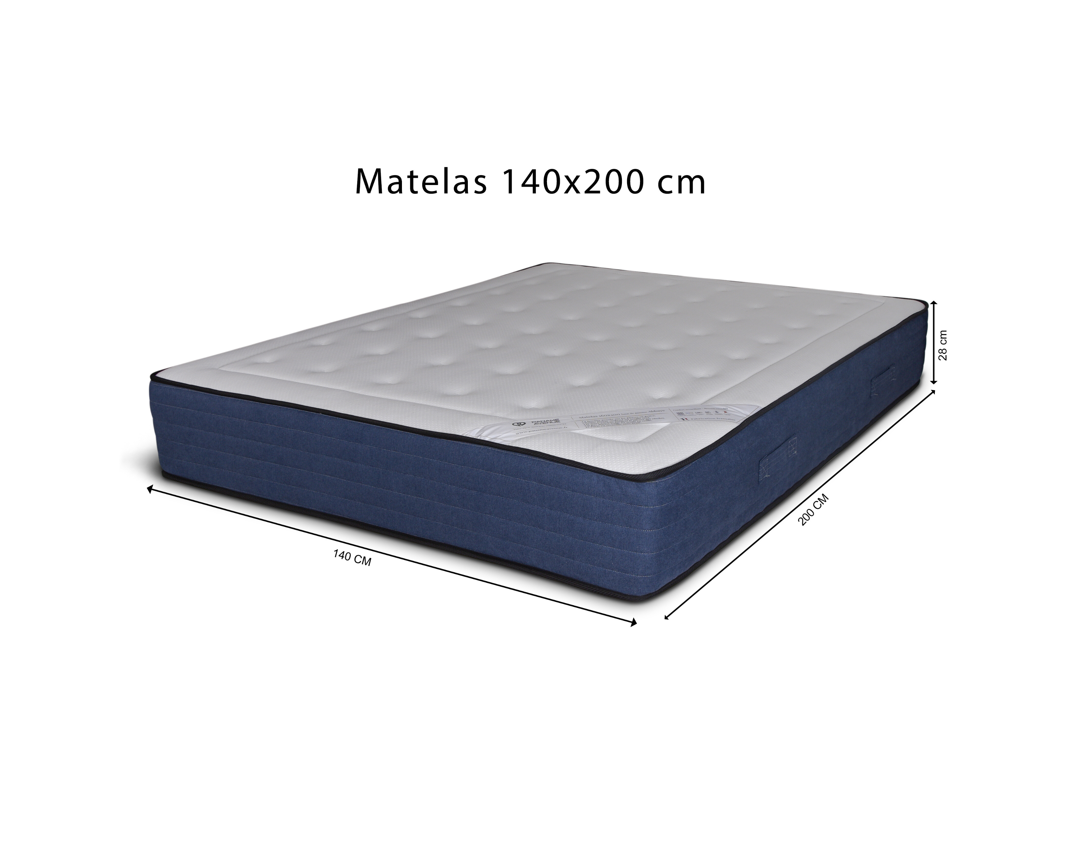 Matelas 140x200cm Abbaye 28cm ressorts ensachés 35kg/m3 de chez Paname Avenue avec dimension sur fond blanc