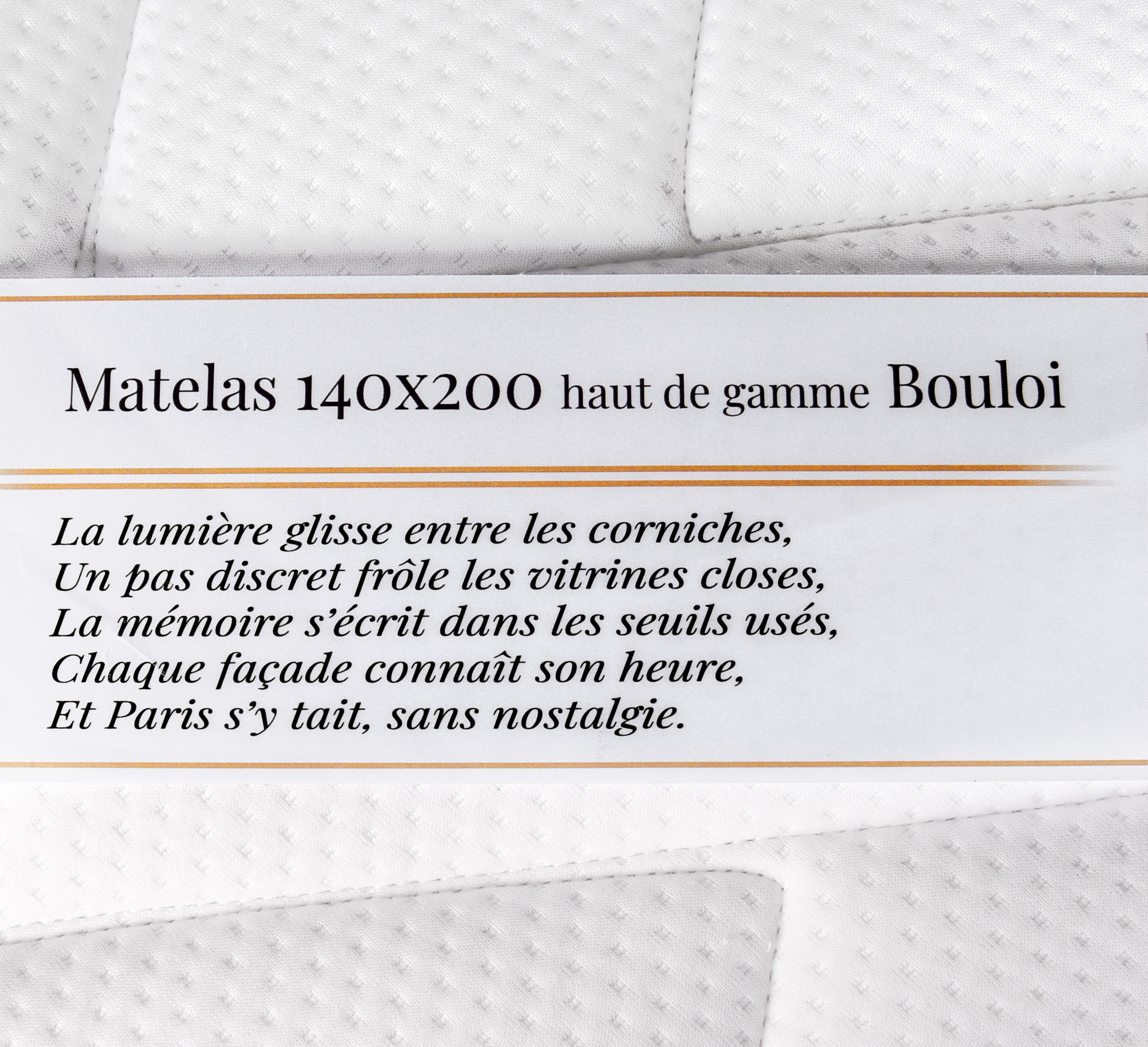 Étiquette du matelas 140x200cm Bouloi 25cm ressorts ensachés 35kg/m3 avec poème Paname Avenue sur fond blanc