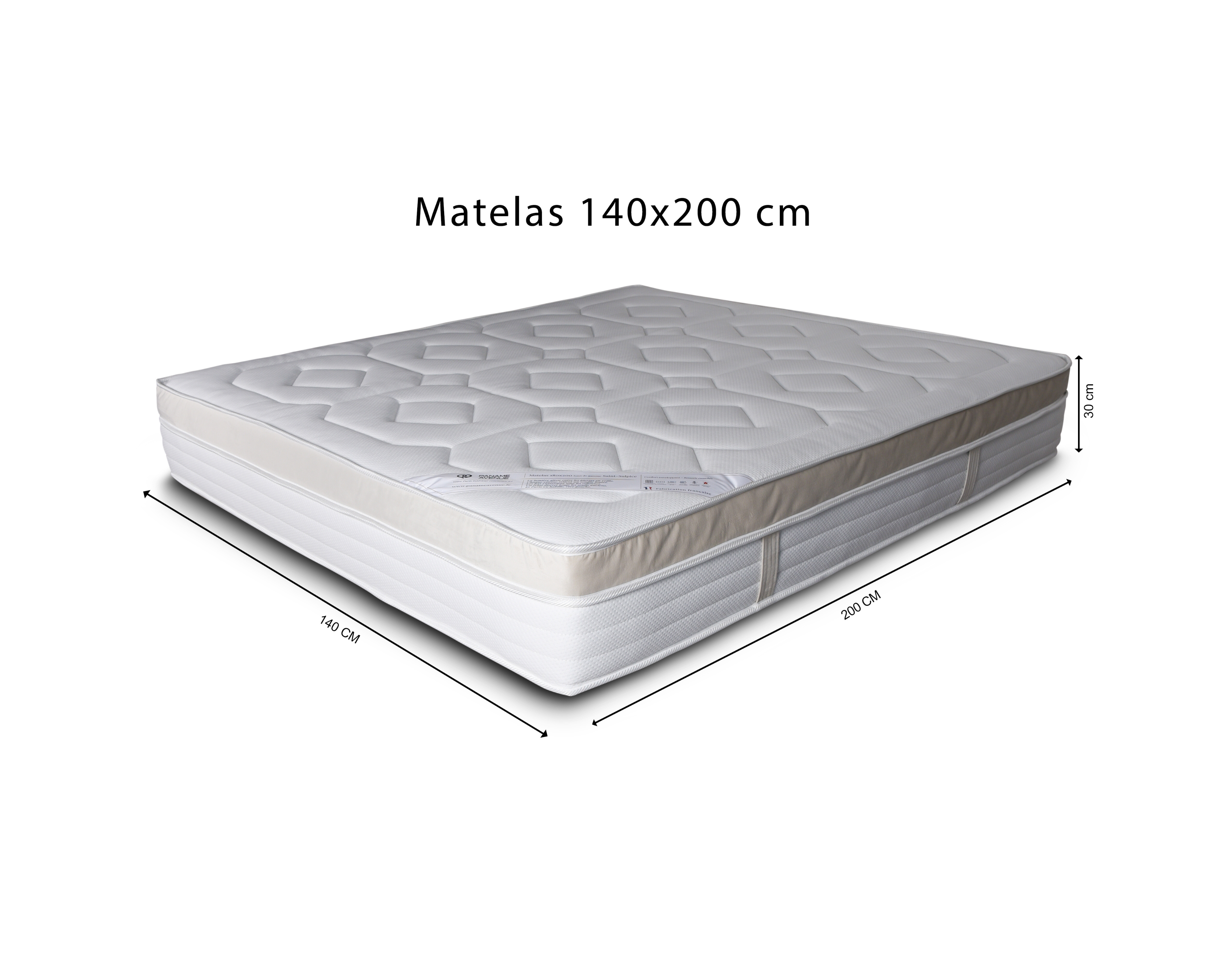Matelas 140x200cm Saint-Sulpice 30cm ressorts ensachés 35kg/m3 de chez Paname Avenue avec dimension sur fond blanc