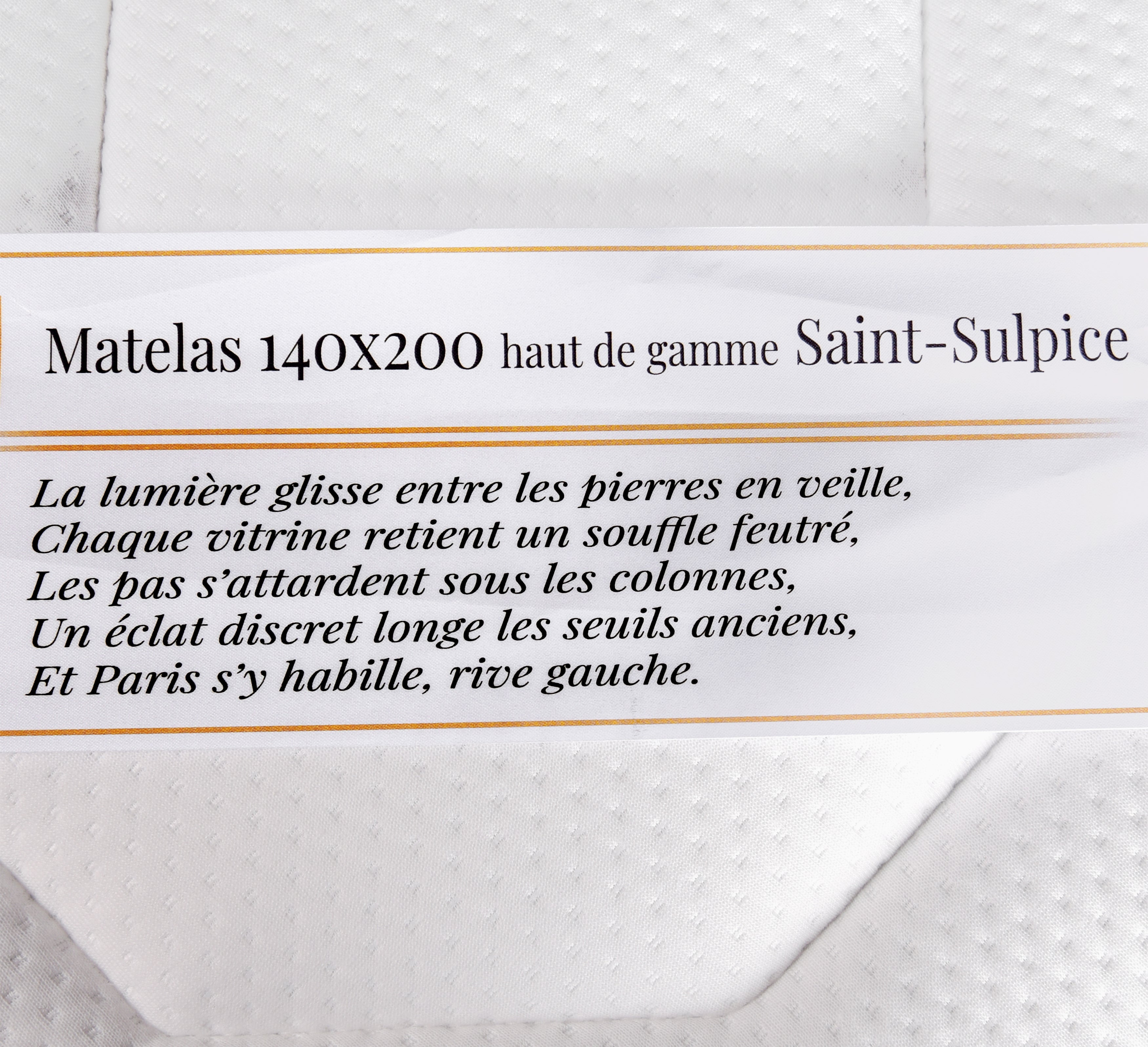 Étiquette du matelas 140x200cm Saint-Sulpice 30cm ressorts ensachés 35kg/m3 avec poème Paname Avenue sur fond blanc