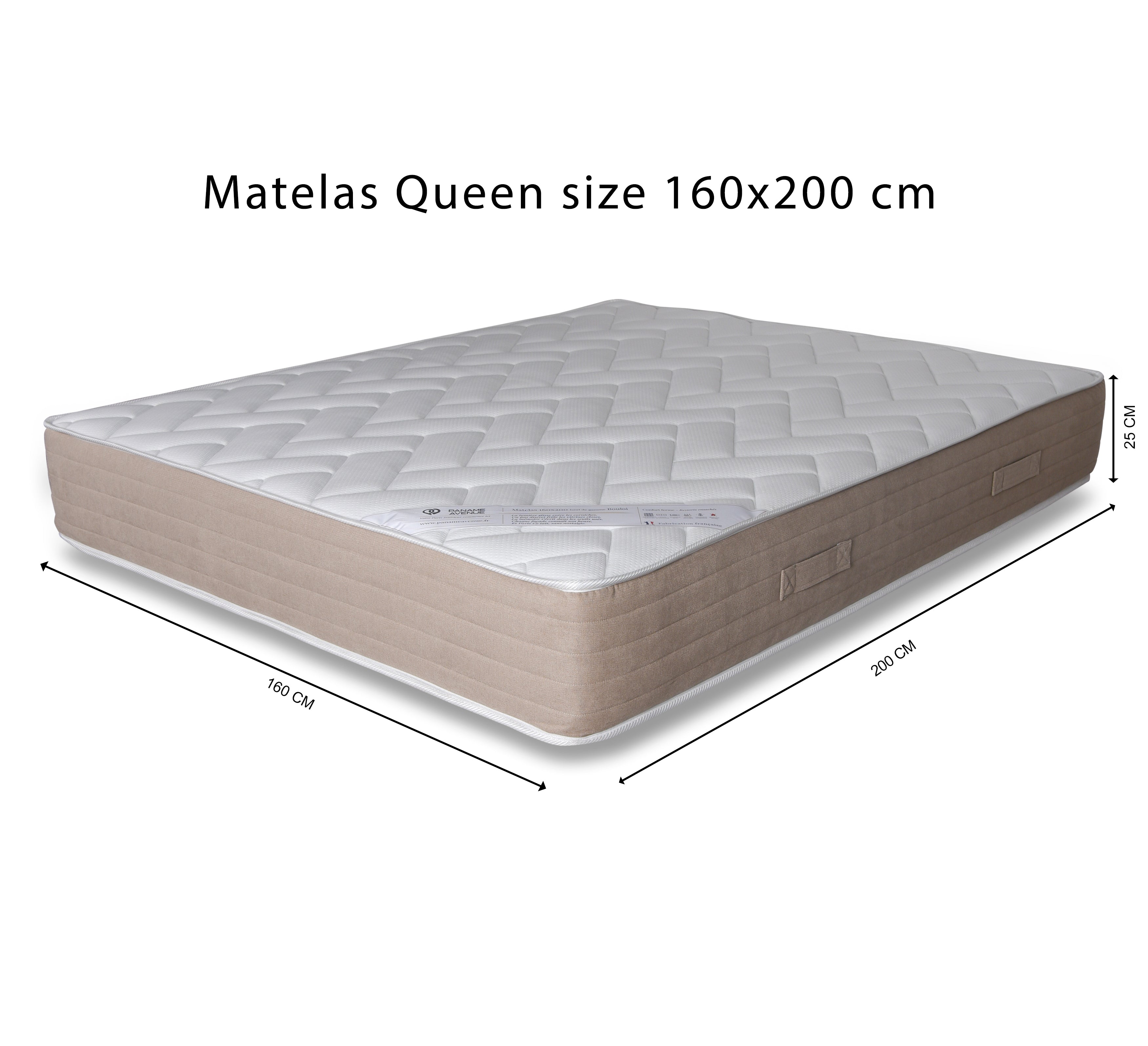 Matelas 160x200cm Bouloi 25cm ressorts ensachés 35kg/m3 de chez Paname Avenue avec dimension sur fond blanc