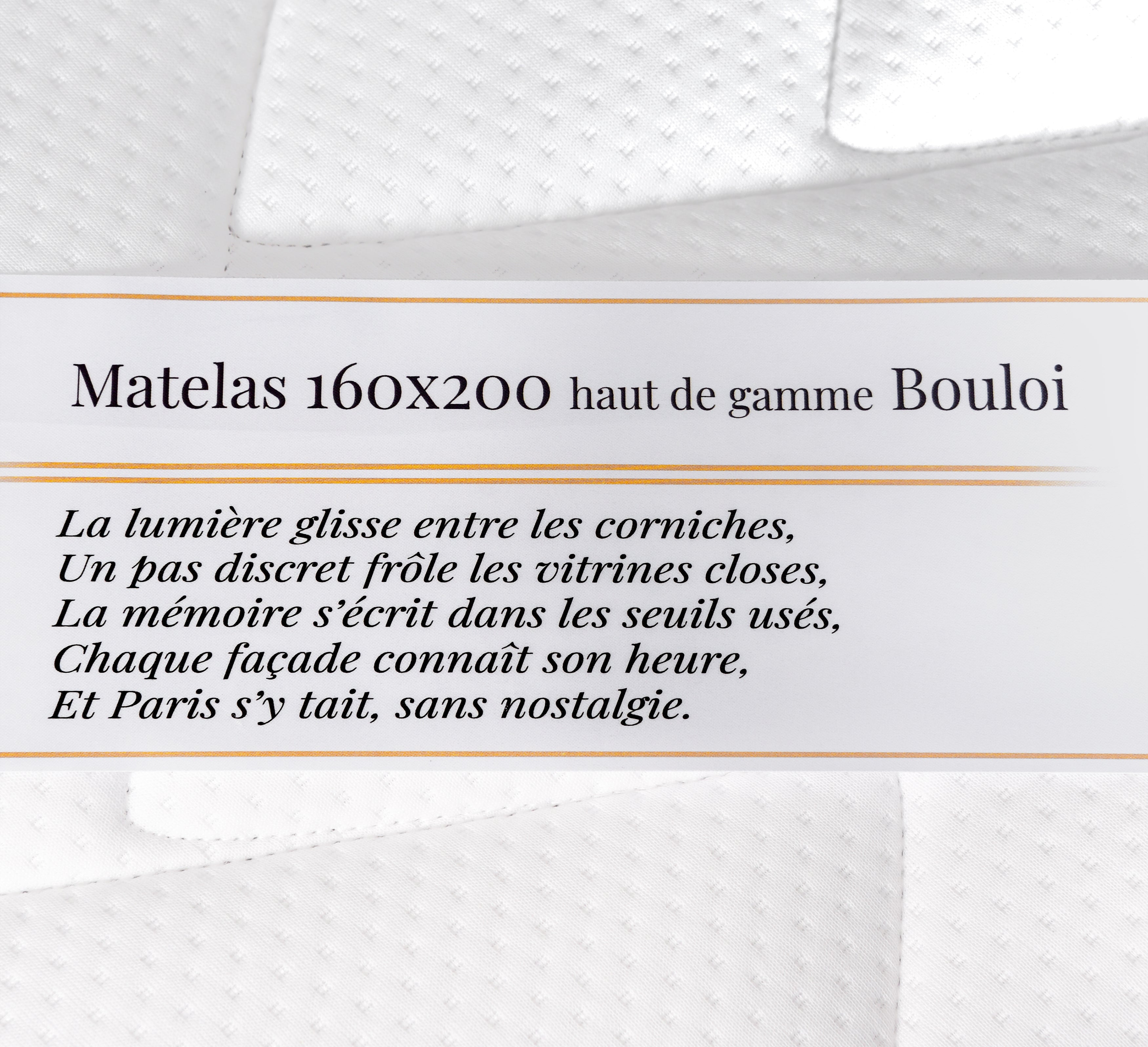Étiquette du matelas 160x200cm Bouloi 25cm ressorts ensachés 35kg/m3 avec poème Paname Avenue sur fond blanc