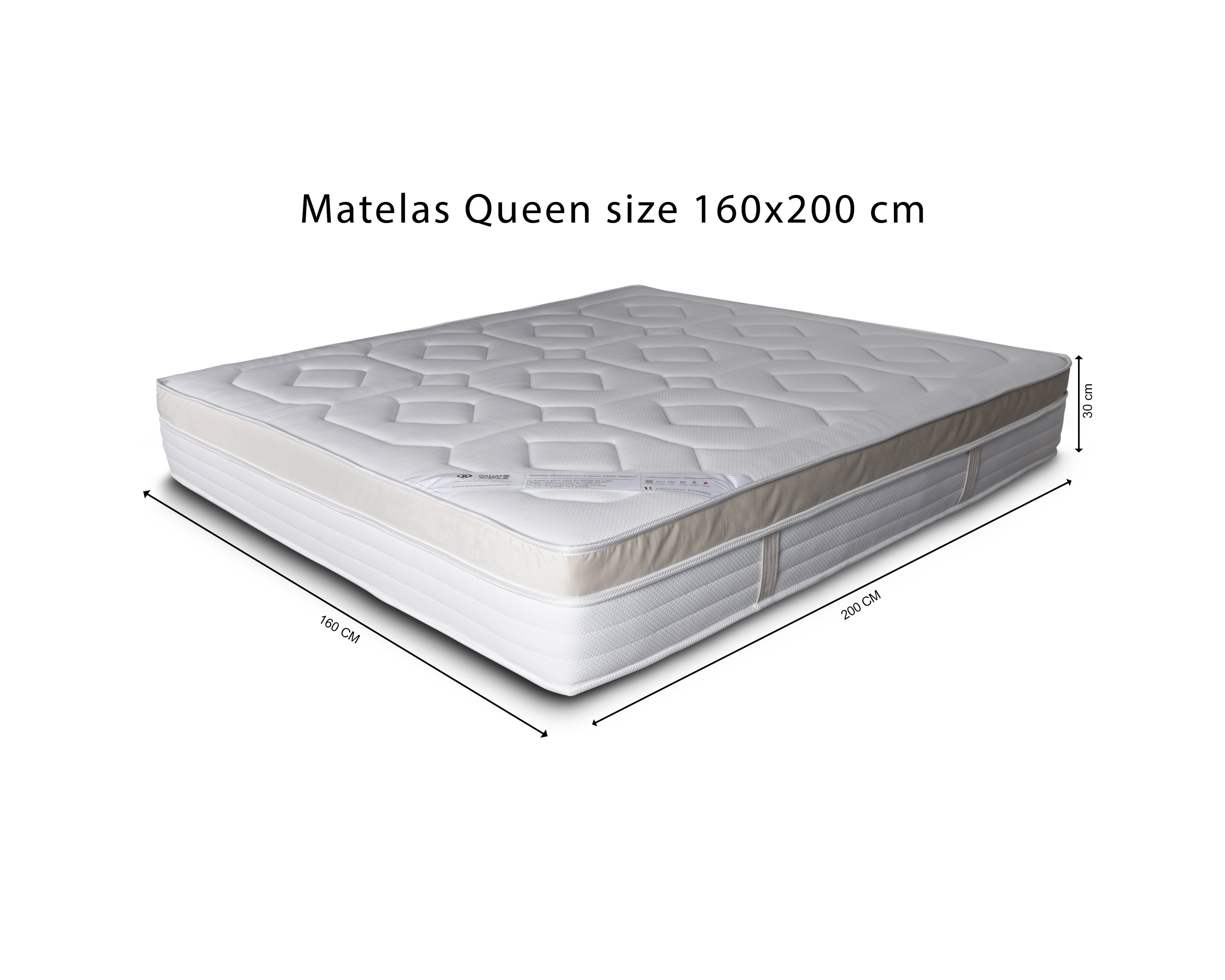 Matelas 160x200cm Saint-Sulpice 30cm ressorts ensachés 35kg/m3 de chez Paname Avenue avec dimension sur fond blanc