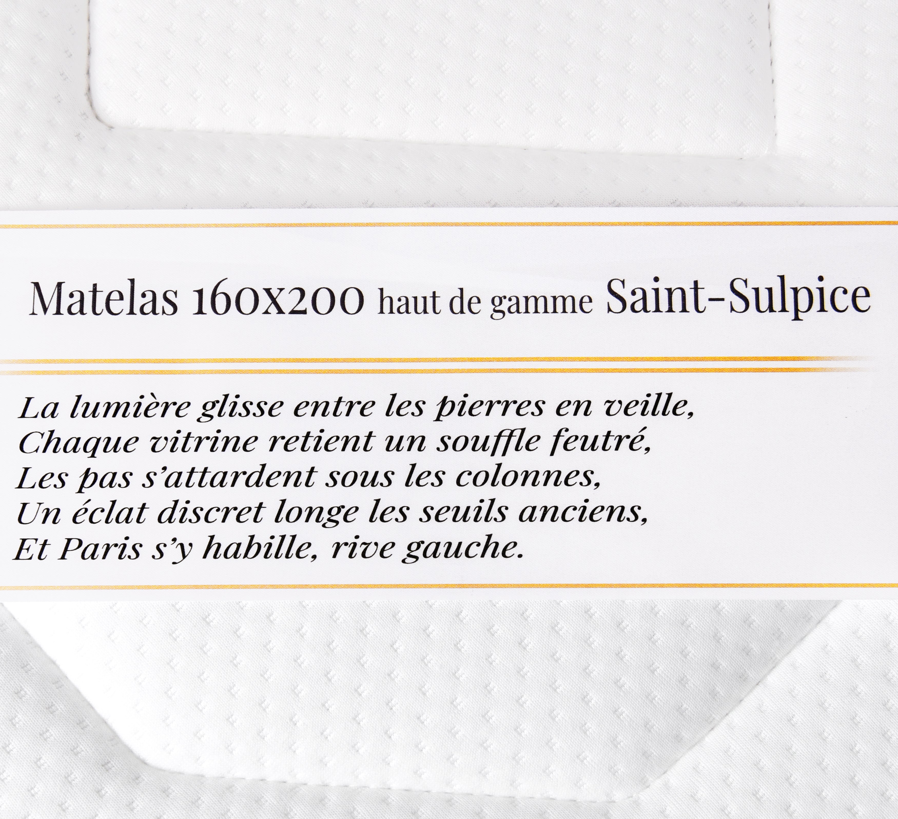 Étiquette du matelas 160x200cm Saint-Sulpice 30cm ressorts ensachés 35kg/m3 avec poème Paname Avenue sur fond blanc