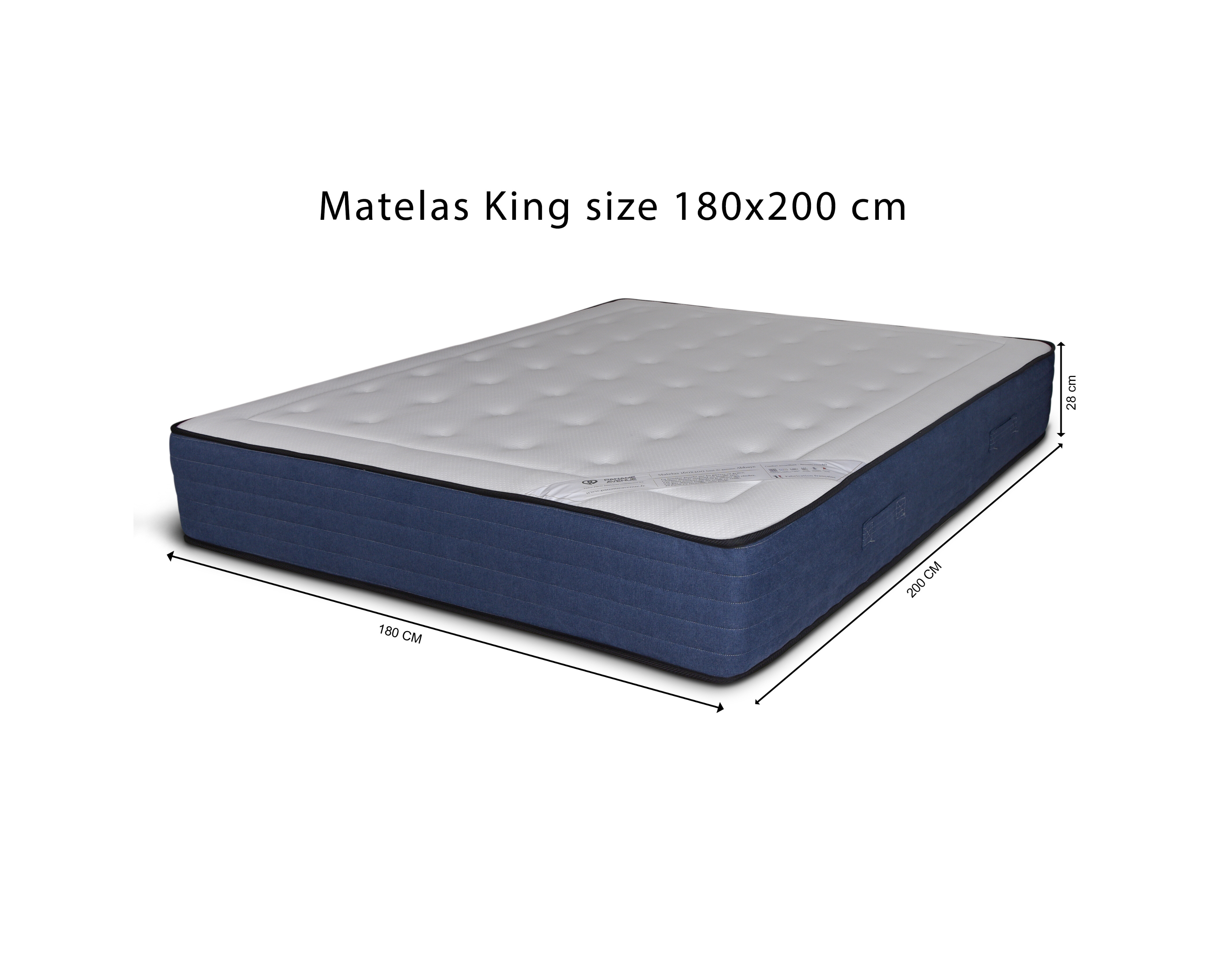Matelas 180x200cm Abbaye 28cm ressorts ensachés 35kg/m3 de chez Paname Avenue avec dimension sur fond blanc