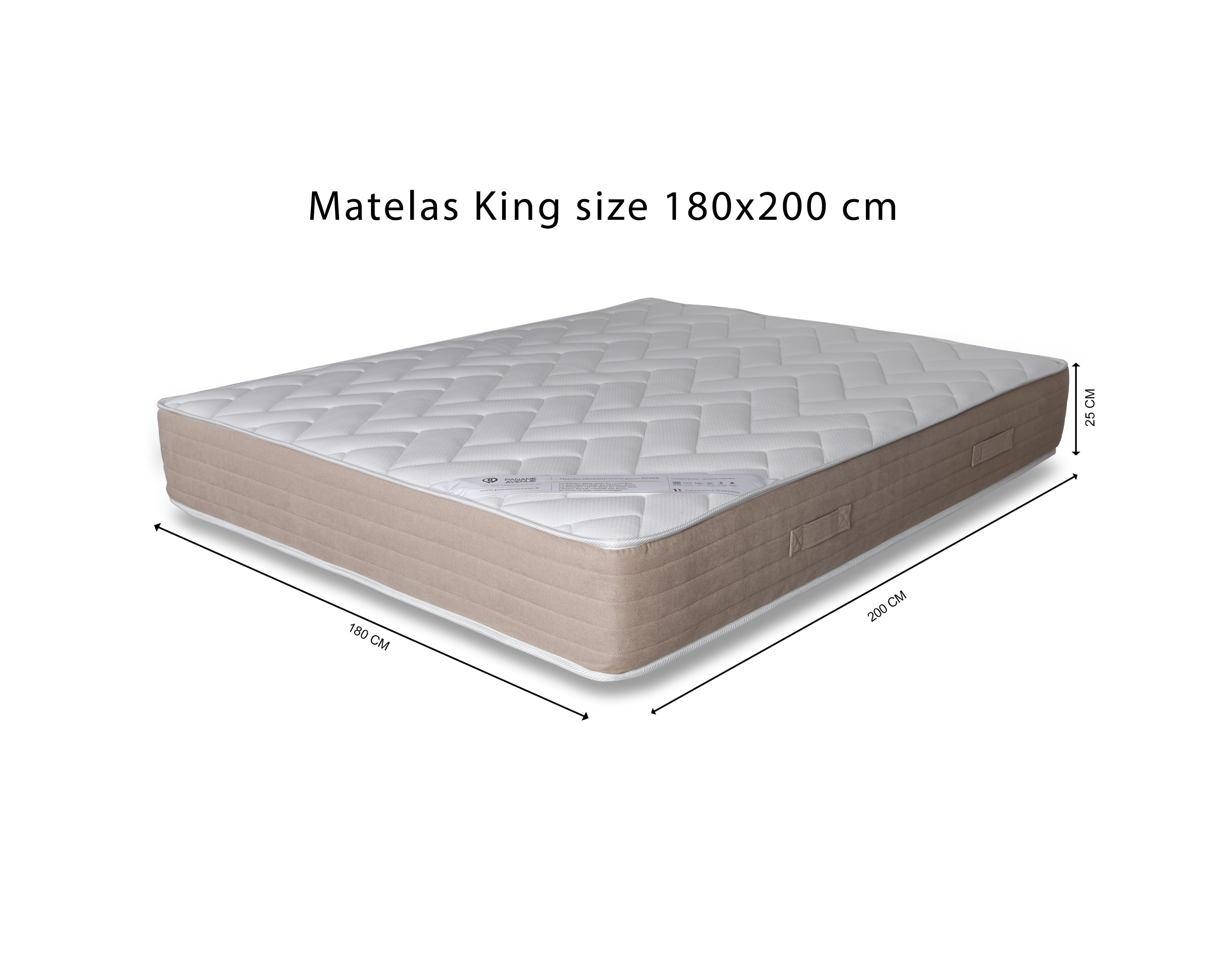 Matelas 180x200cm Bouloi 25cm ressorts ensachés 35kg/m3 de chez Paname Avenue avec dimension sur fond blanc