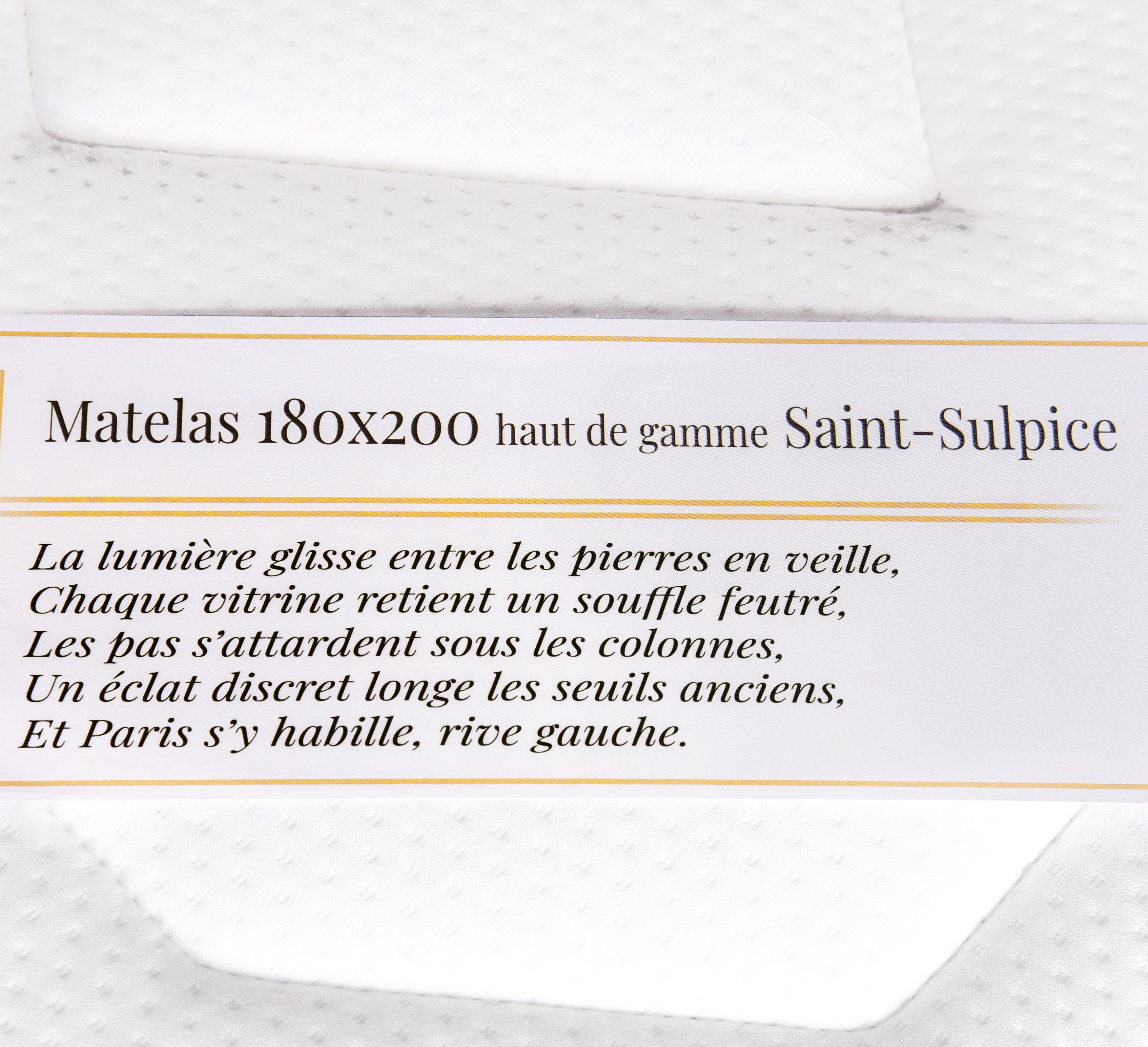 Étiquette du matelas 180x200cm Saint-Sulpice 30cm ressorts ensachés 35kg/m3 avec poème Paname Avenue sur fond blanc