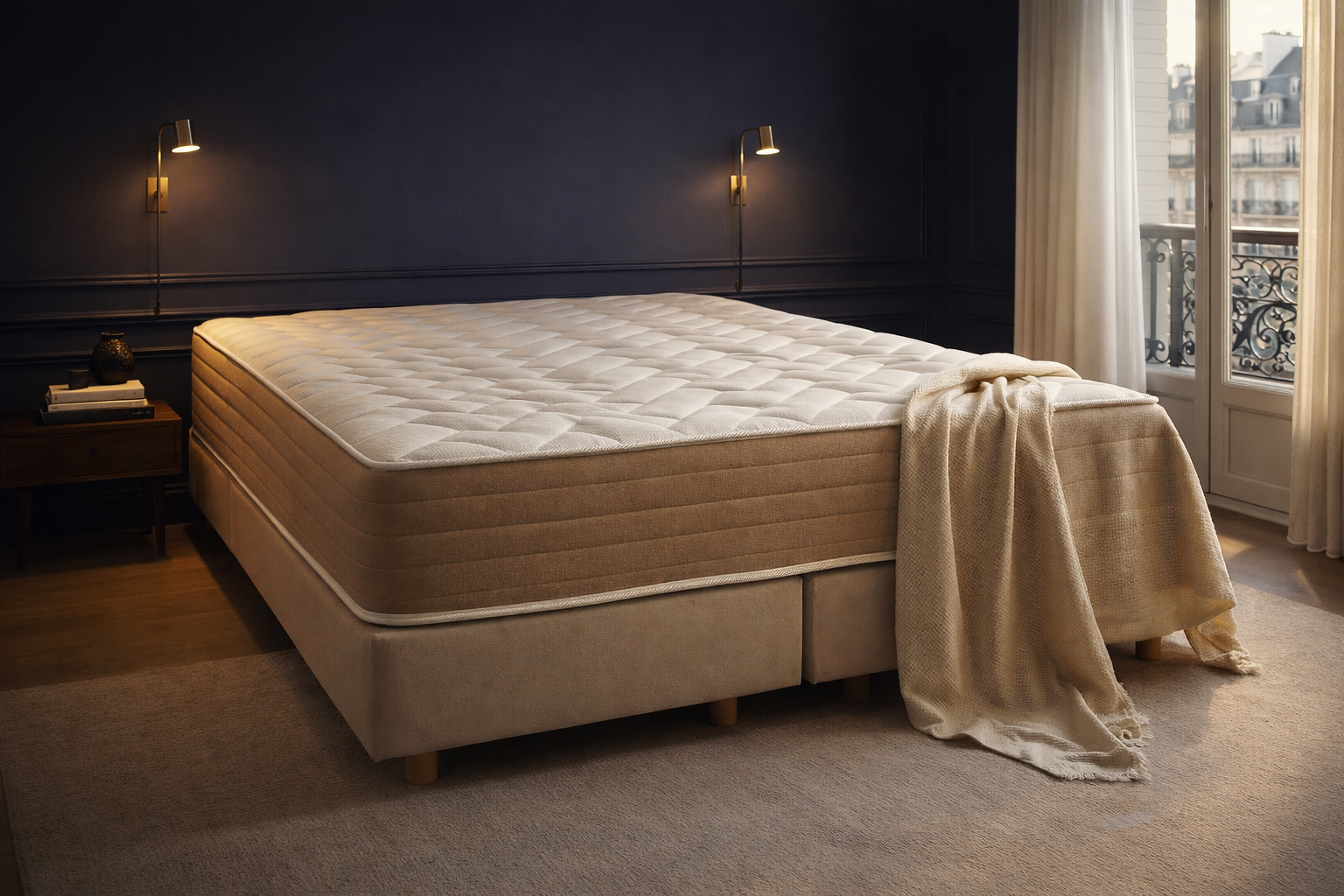 Matelas à ressorts haut de gamme Bouloi dans un décor tamisé digne des plus belles chambres d'hôtel parisiennes par Paname Avenue.