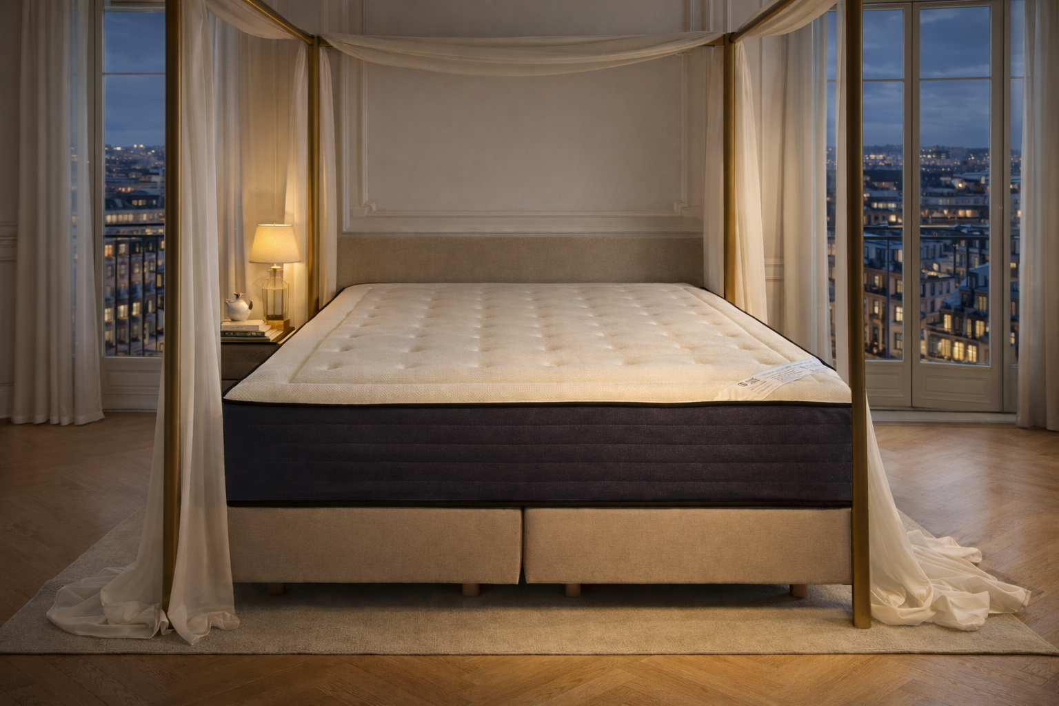 Matelas ressorts haut de gamme Abbaye de la collection Rive Gauche Paname Avenue dans un décor de chambre moderne avec lit à baldaquin minimaliste et vue sur Paris.