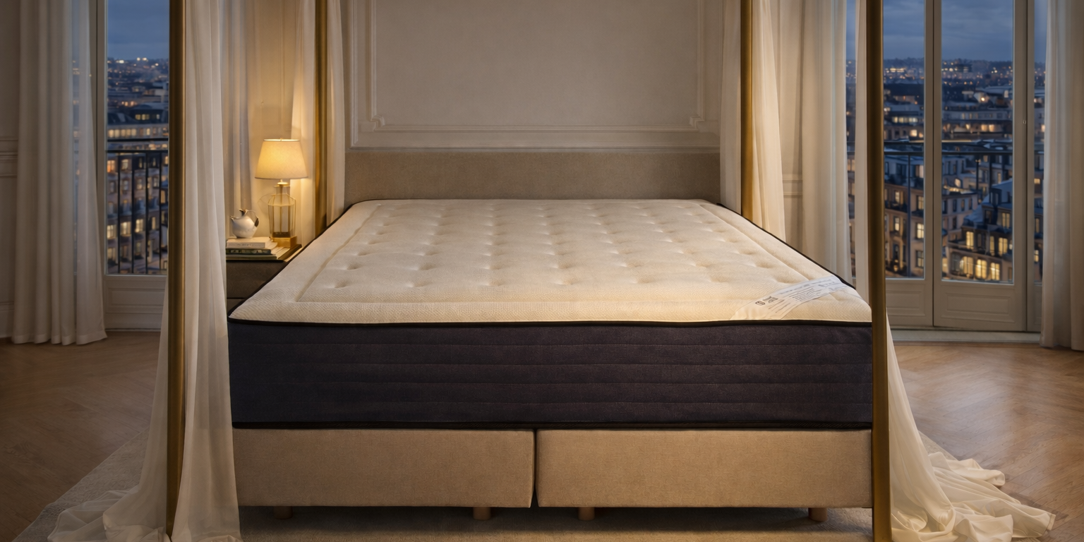 Matelas ressorts haut de gamme Abbaye de la collection Rive Gauche Paname Avenue dans un décor de chambre moderne avec lit à baldaquin minimaliste et vue sur Paris.