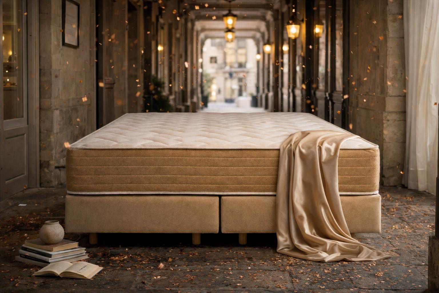 Matelas ressorts haut de gamme Bouloi de la collection Louvre de chez Paname Avenue installé dans le passage Bouloi avec une pluie de confettis dorés.