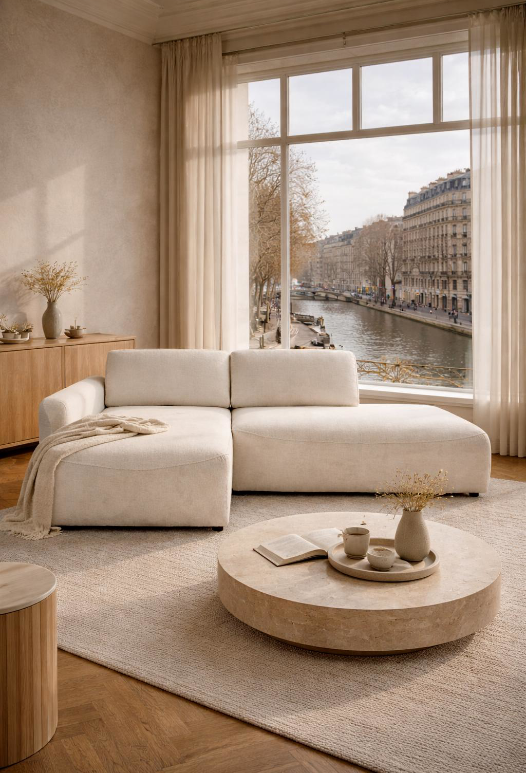 Canapé d'angle Château d'Eau de Paname Avenue dans un salon contemporain parisien avec une touche soft minimaliste