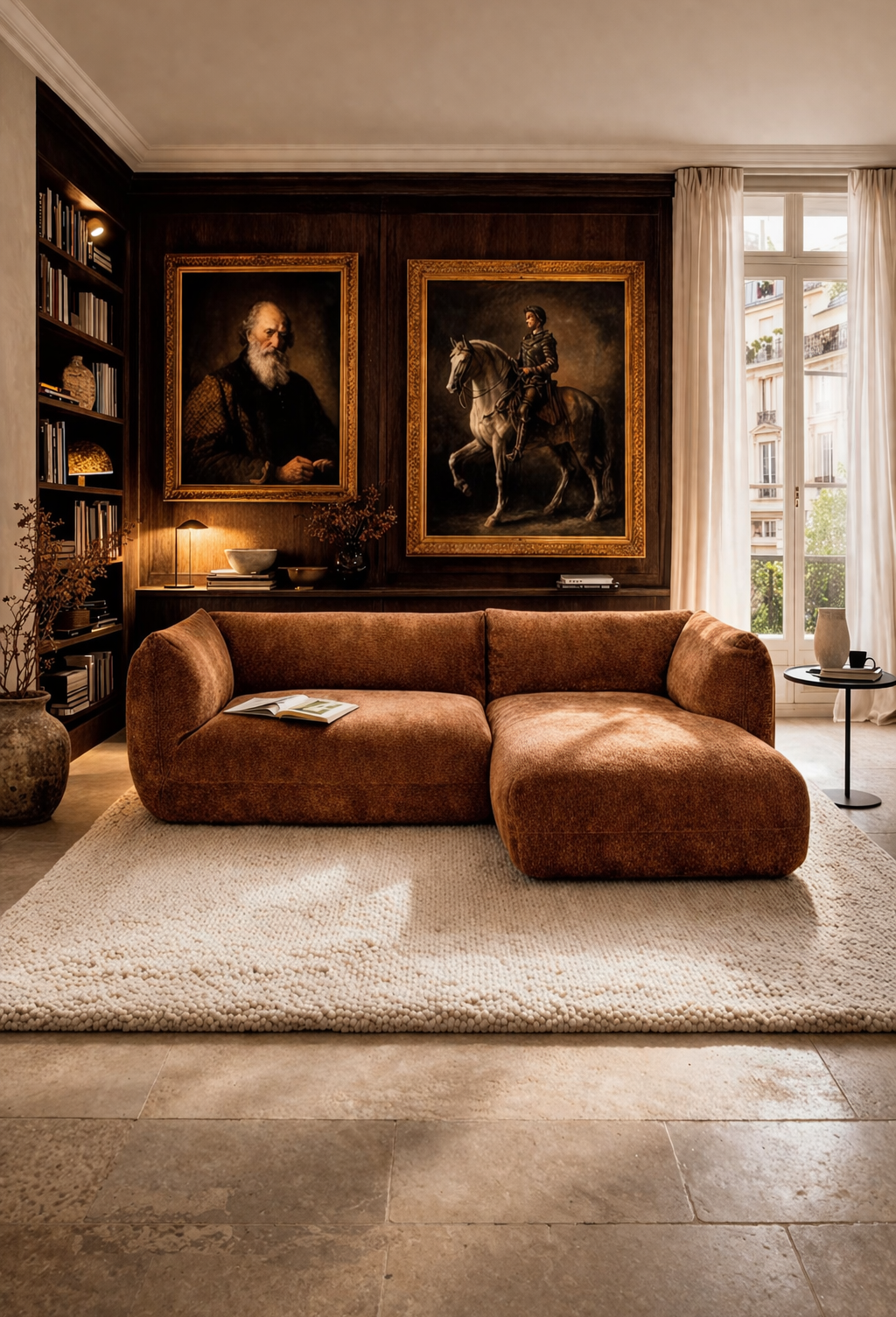 Canapé d'angle Sainte Croix de la marque Paname Avenue dans un décor  parisien inspiré du style Empire avec de grands tableaux anciens 