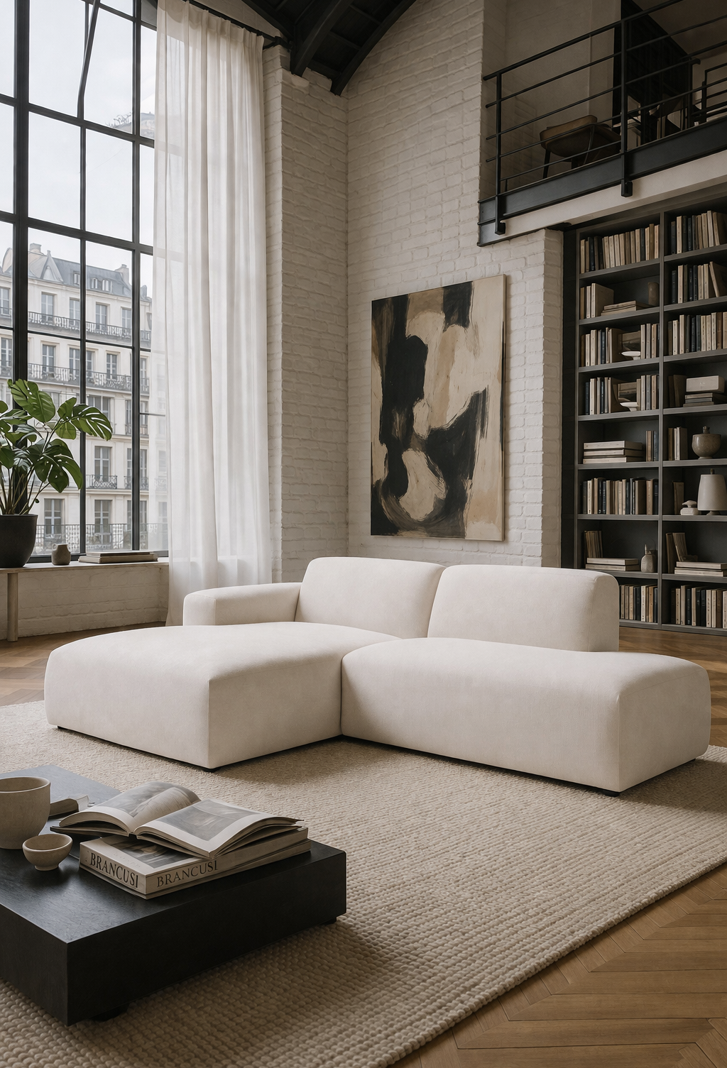 Canapé d'angle Archives dans un espace lumineux, aéré et sophistiqué, qui mélange le charme brut du loft avec une approche très douce et moderne du minimalisme