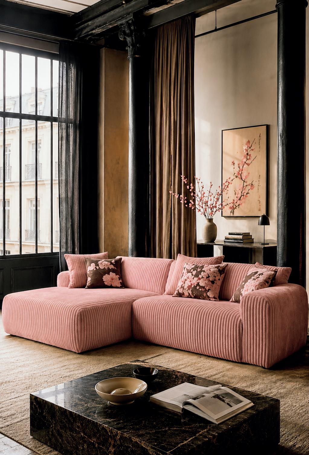 Canapé d’angle rose Bruxelles de Paname Avenue dans un salon au style parisien audacieux, avec grandes fenêtres noires, rideaux bruns, table basse en marbre et touches florales.