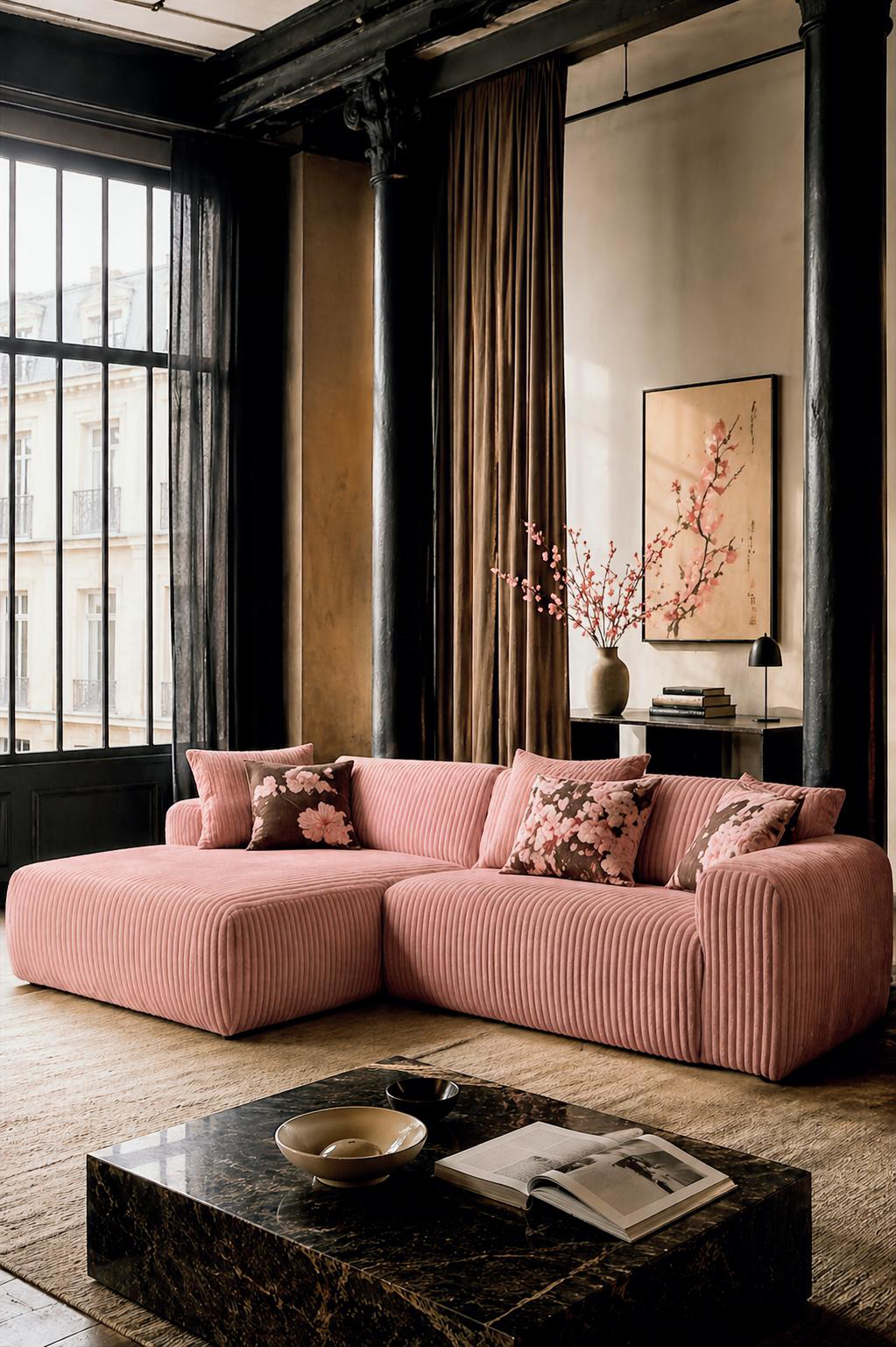 Canapé d’angle rose Bruxelles de Paname Avenue dans un salon au style parisien audacieux, avec grandes fenêtres noires, rideaux bruns, table basse en marbre et touches florales.