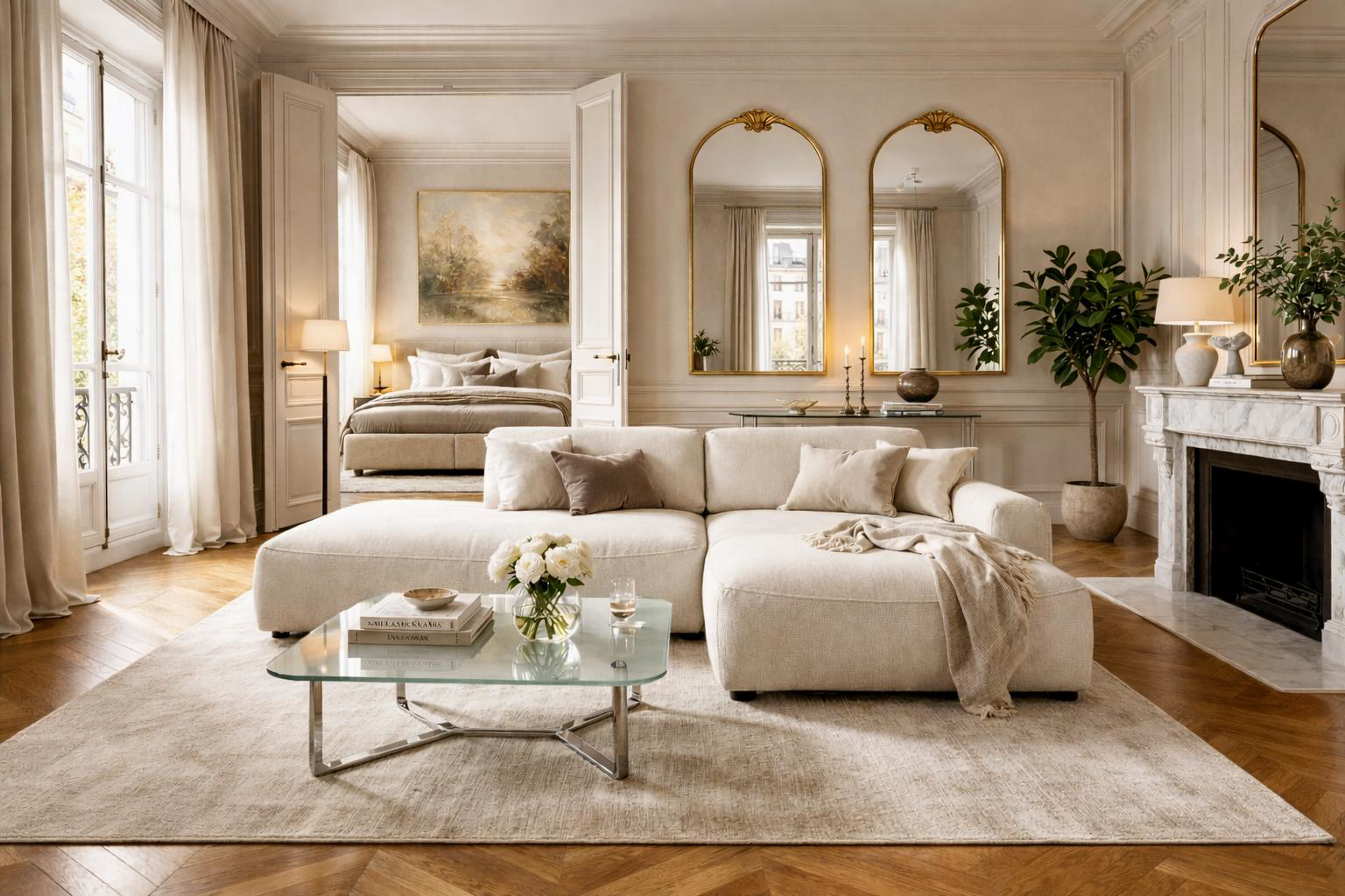 Canapé d'angle Château d'Eau dans un intérieur haussmannien luxueux et lumineux 