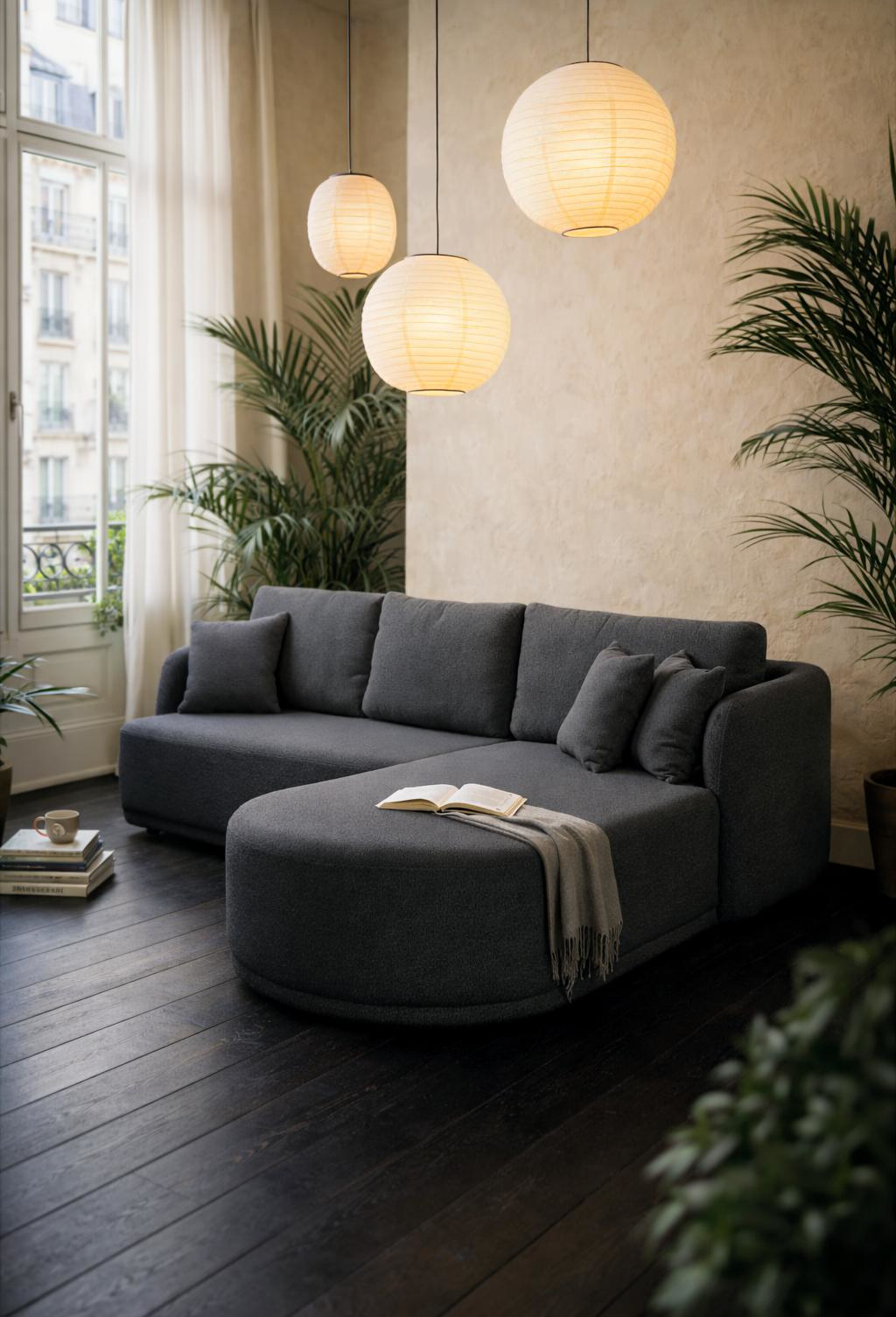 Canapé d'angle convertible Charlot dans un salon parisien au style japandi.