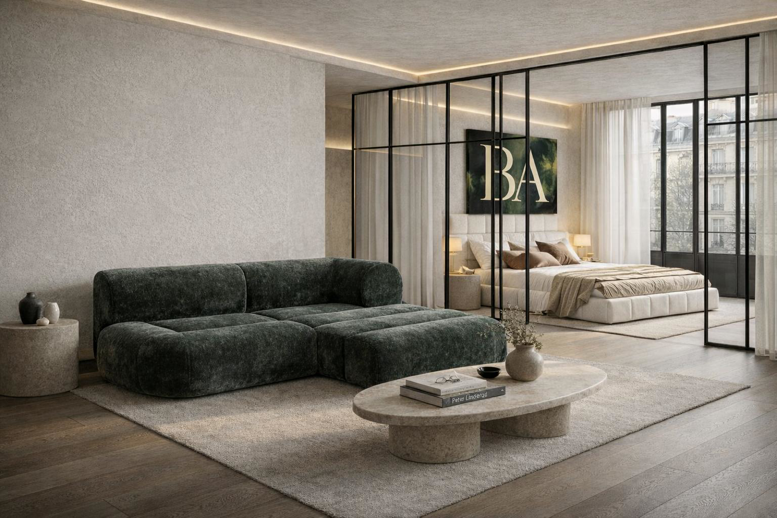 Canapé d'angle Saint Denis et lit Ravignan dans un loft minimaliste urbain