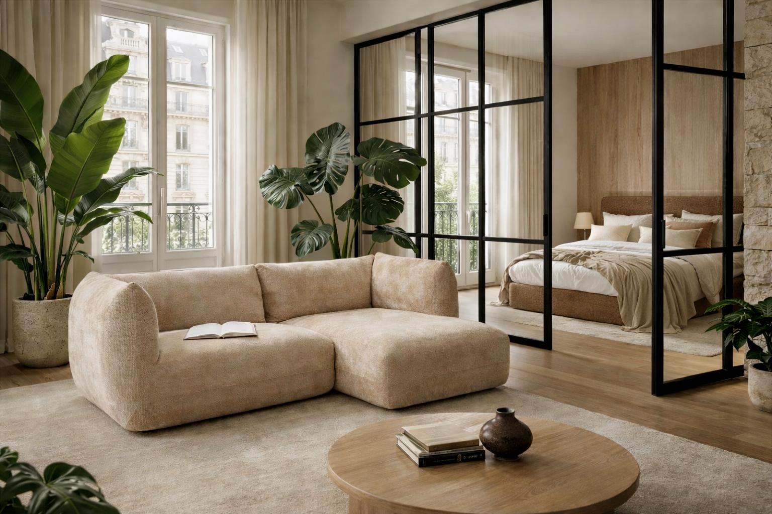 Canapé d'angle Sainte Croix et lit coffre Gravilliers Paname Avenue dans une suite moderne avec touches végétales