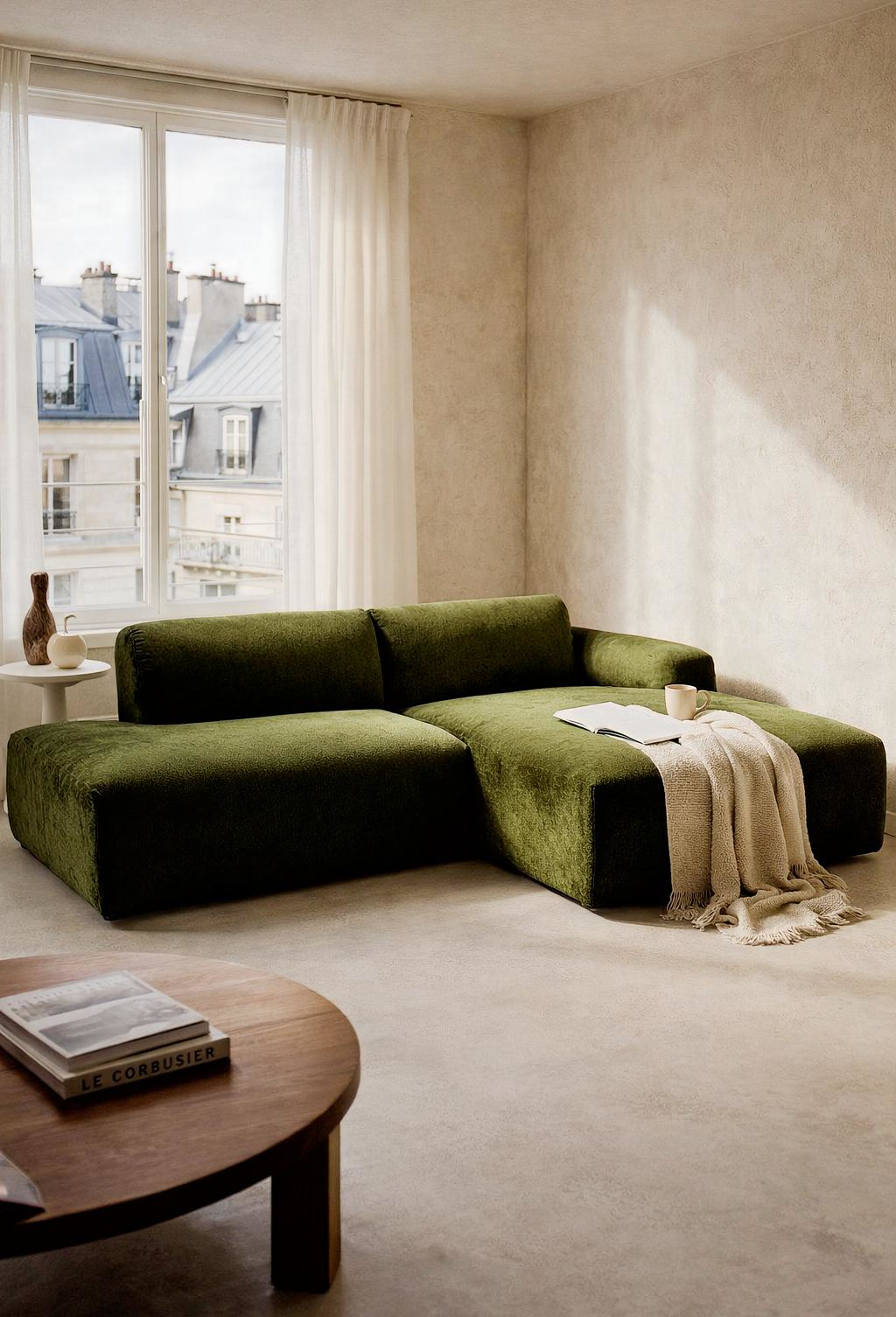 Le canapé d'angle Temple dans un salon parisien épuré avec table basse en bois foncé