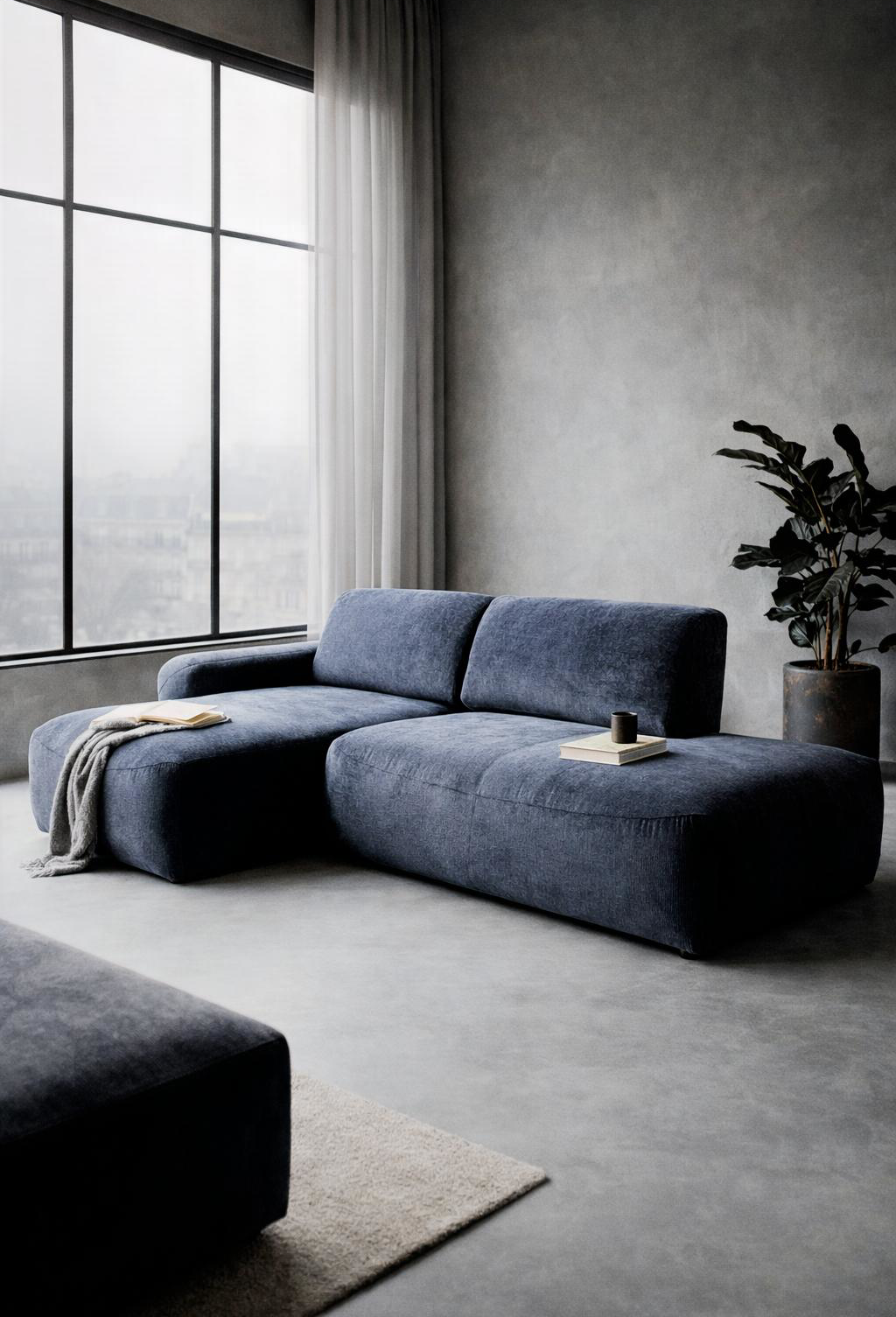Canapé d'angle Château d'Eau dans un salon minimaliste avec murs à la chaux et sol en béton gris