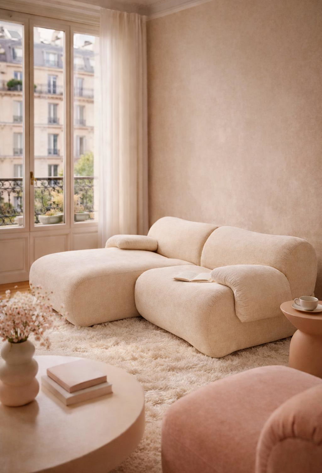 Canapé d'angle Pot de Fer de la marque Paname Avenue dans un salon cocooning parisien aux tons pastels