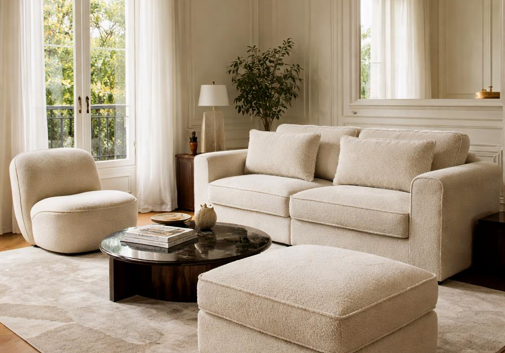 Canapé Descartes, pouf Durantin et fauteuil Louvre dans un décor clair parisien