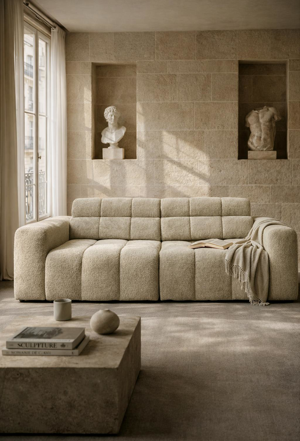 Canapé droit Colonel Driant de Paname Avenue dans un décor minéral avec bustes en plâtre et en pierre