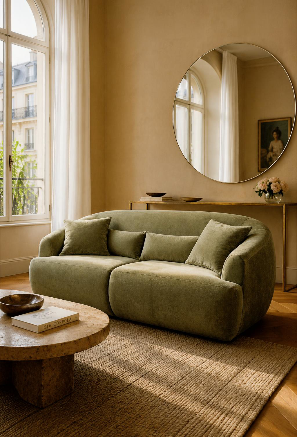 Canapé droit Calais de Paname Avenue dans un salon au style chic parisien naturel, avec miroir rond, grande fenêtre arquée, table basse en pierre et lumière dorée.