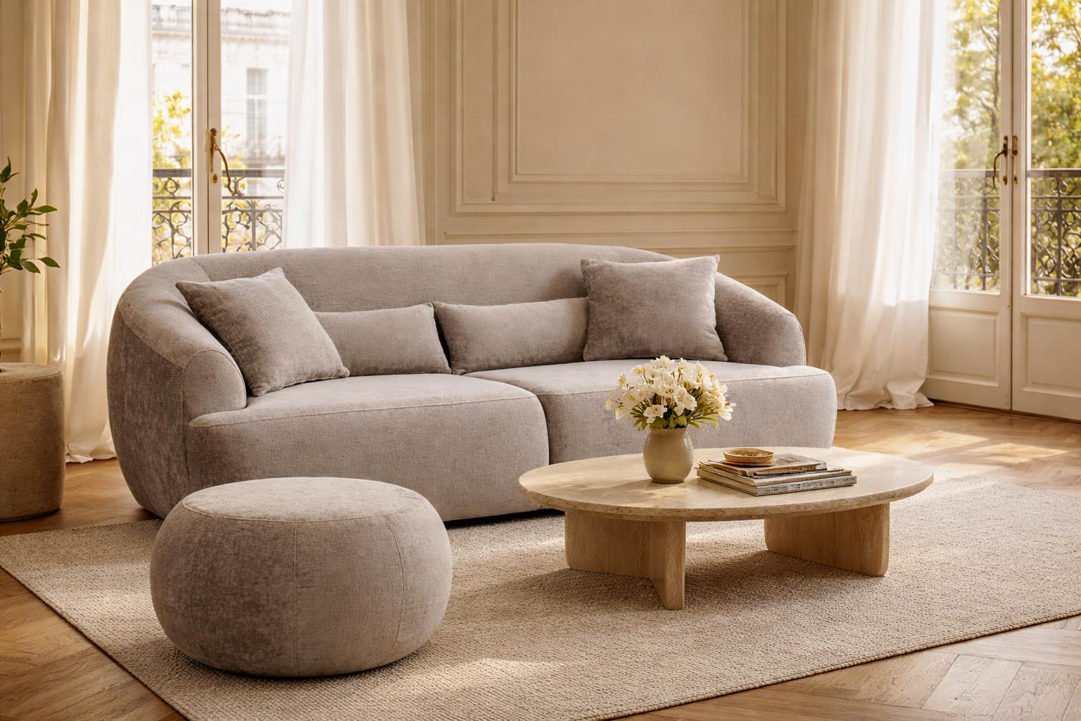 Canapé droit Calais avec pouf Verrerie dans un décor parisien haussmannien 